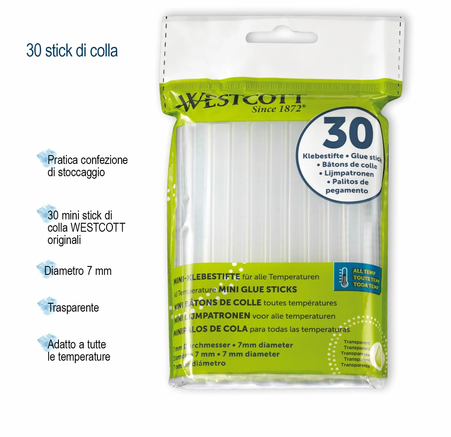 Westcott stick di colla a caldo 7mm 30 pezzi | Confezione da 30 ricariche di stick di colla per pistole a caldo in formato standard 7 x 102mm | trasparente | E-16837 00