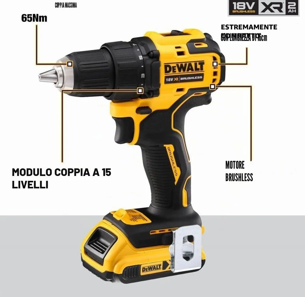 DEWALT Trapano avvitatore 18V XR senza spazzole con 2 batterie al litio da 2Ah e caricabatterie, DCD708D2T-QW