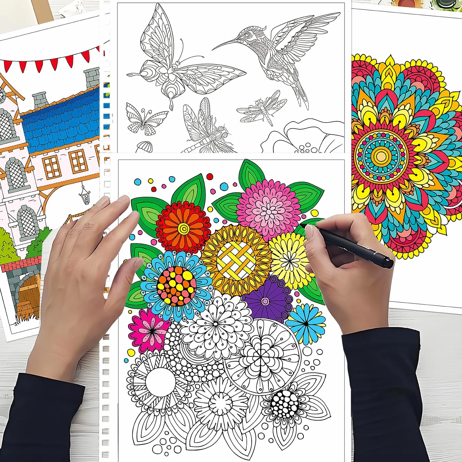 Aannanl 3 Pezzi Libri da Colorare per Adulti, Album da Colorare per Adulti Antistress incluso Mandalas, Fiori e Casa da Favola Tema,A4 Dimensioni,60 Immagini,Anti-Stress e Ansia