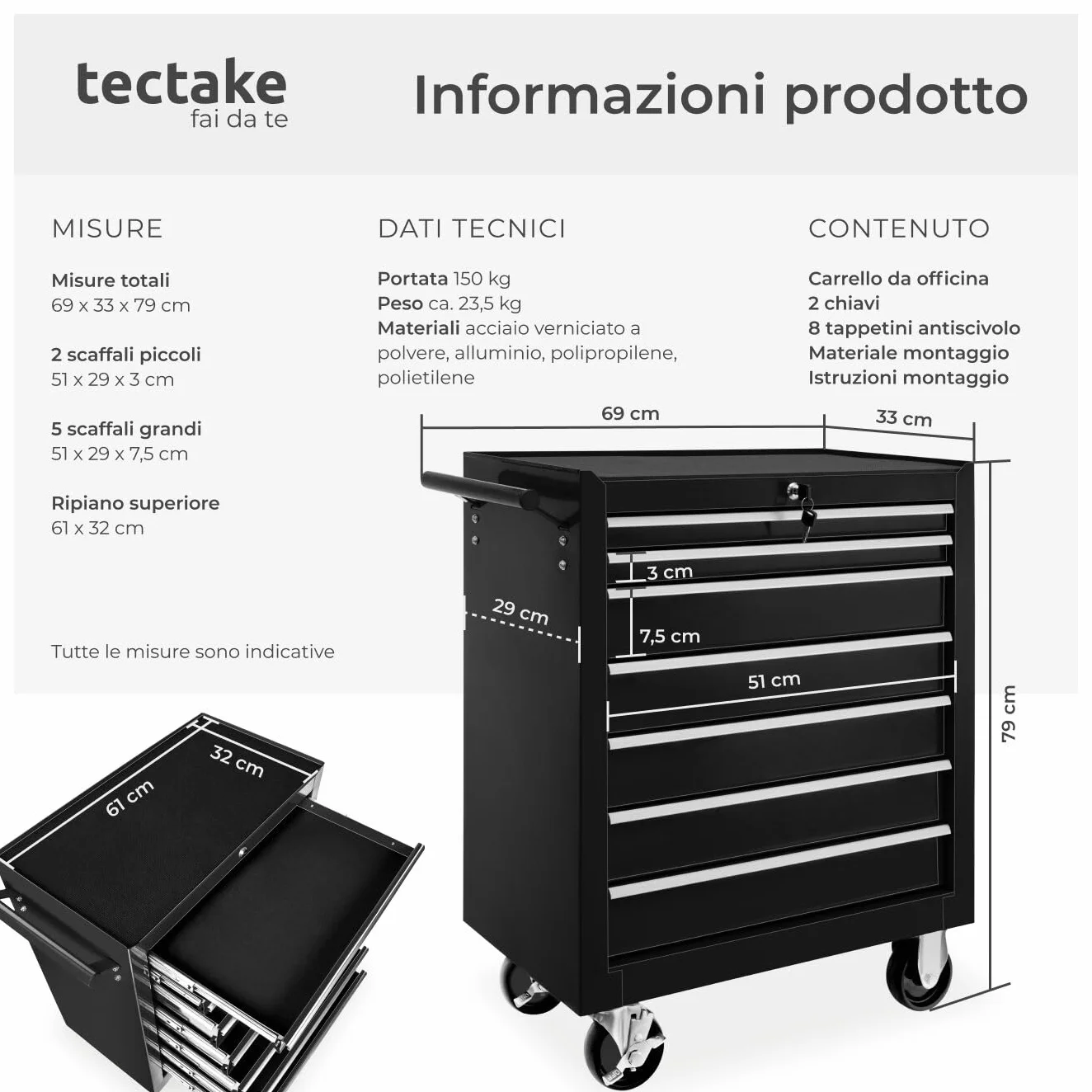 Tectake Carrello Portautensili 7 Cassetti con Ruote Nero