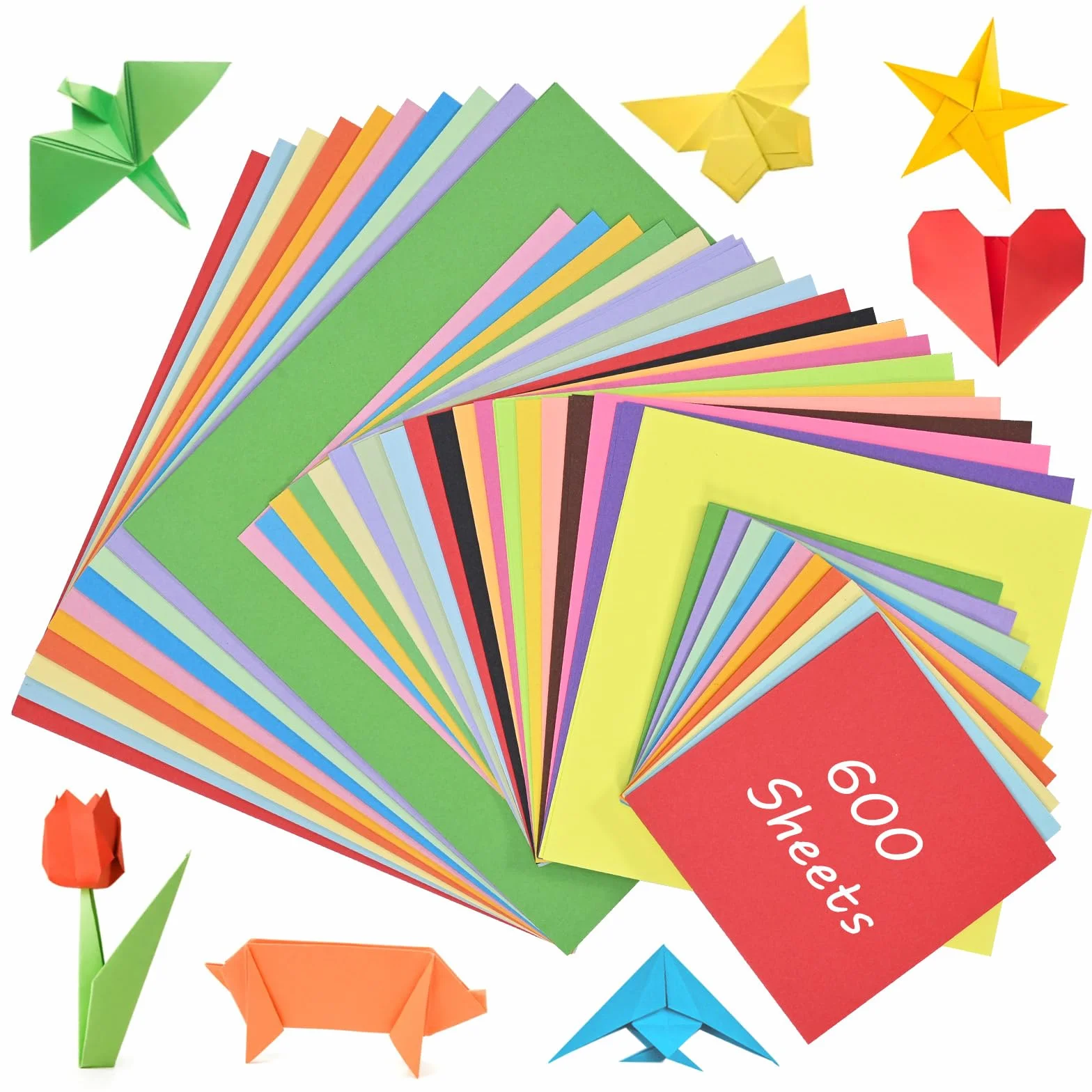600 fogli di carta origami in 20 colori, 20 x 20 cm, 15 x 15 cm, 10 x 10 cm, carta pieghevole quadrata, set di carta double face colorata per lavori fai da te origami