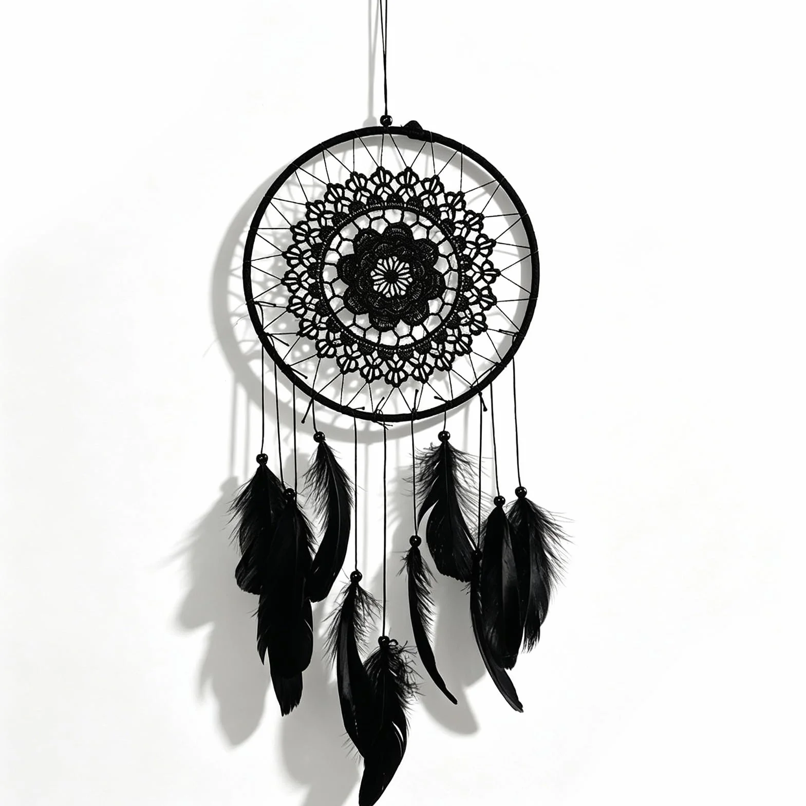 HERCHR Acchiappasogni nero con perline e piume diametro 20,5 cm per decorazione camera da letto