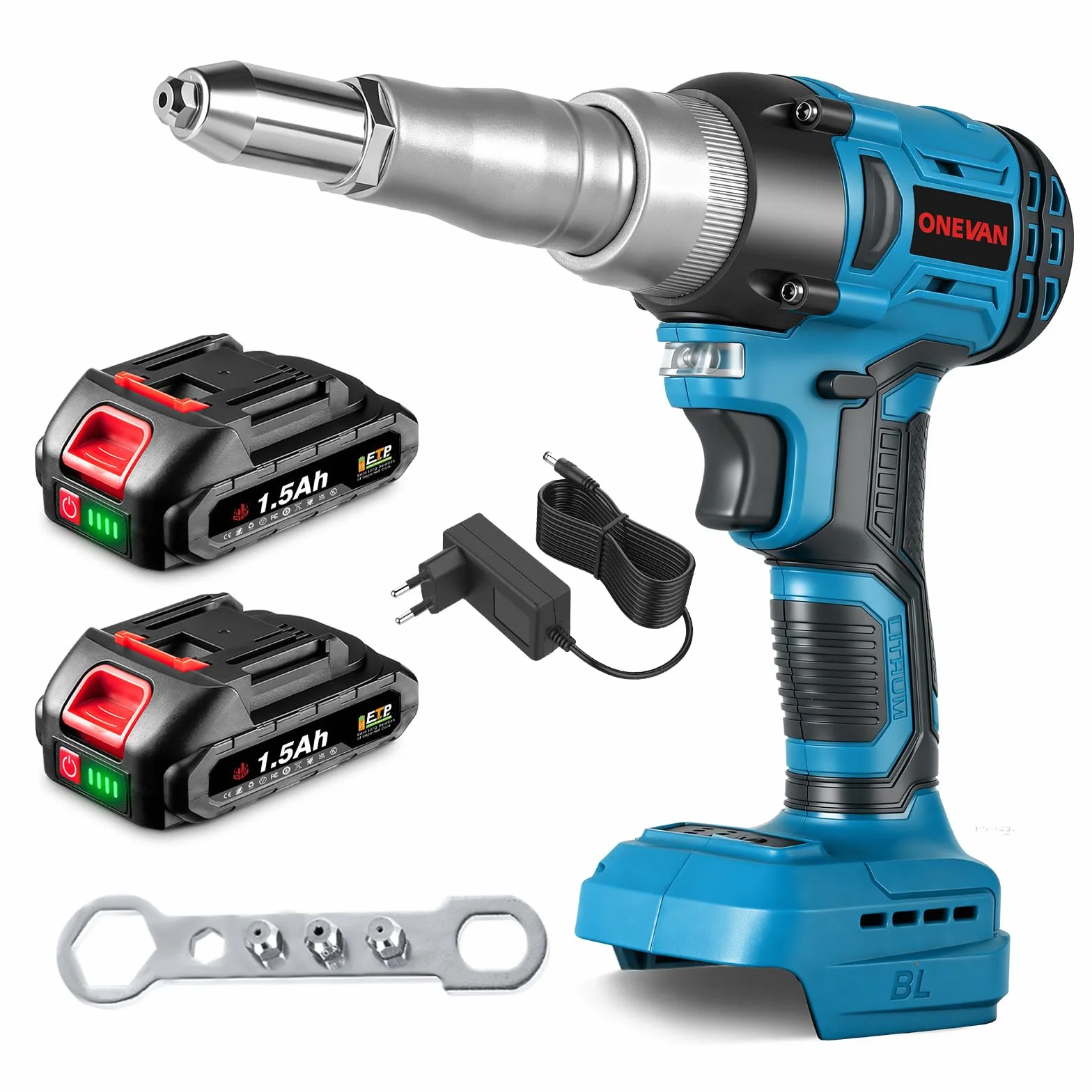 ONEVAN rivettatrice a batteria, 20.000N pistola per rivetti 2,4-5,0 mm, con 2 batterie 1.5Ah, storke 18mm, senza spazzole, rivettatrice elettrica automatica, pistola rivettatrice batteria