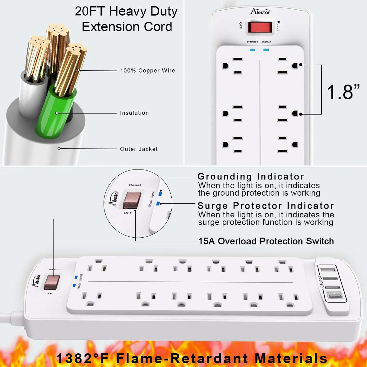 ALESTOR Power Strip, protezione contro le sovratensioni con 12 uscite e 4 porte USB, cavo di prolunga da 6 m (1875 W/15 A), 2700 Joule, ETL, bianco