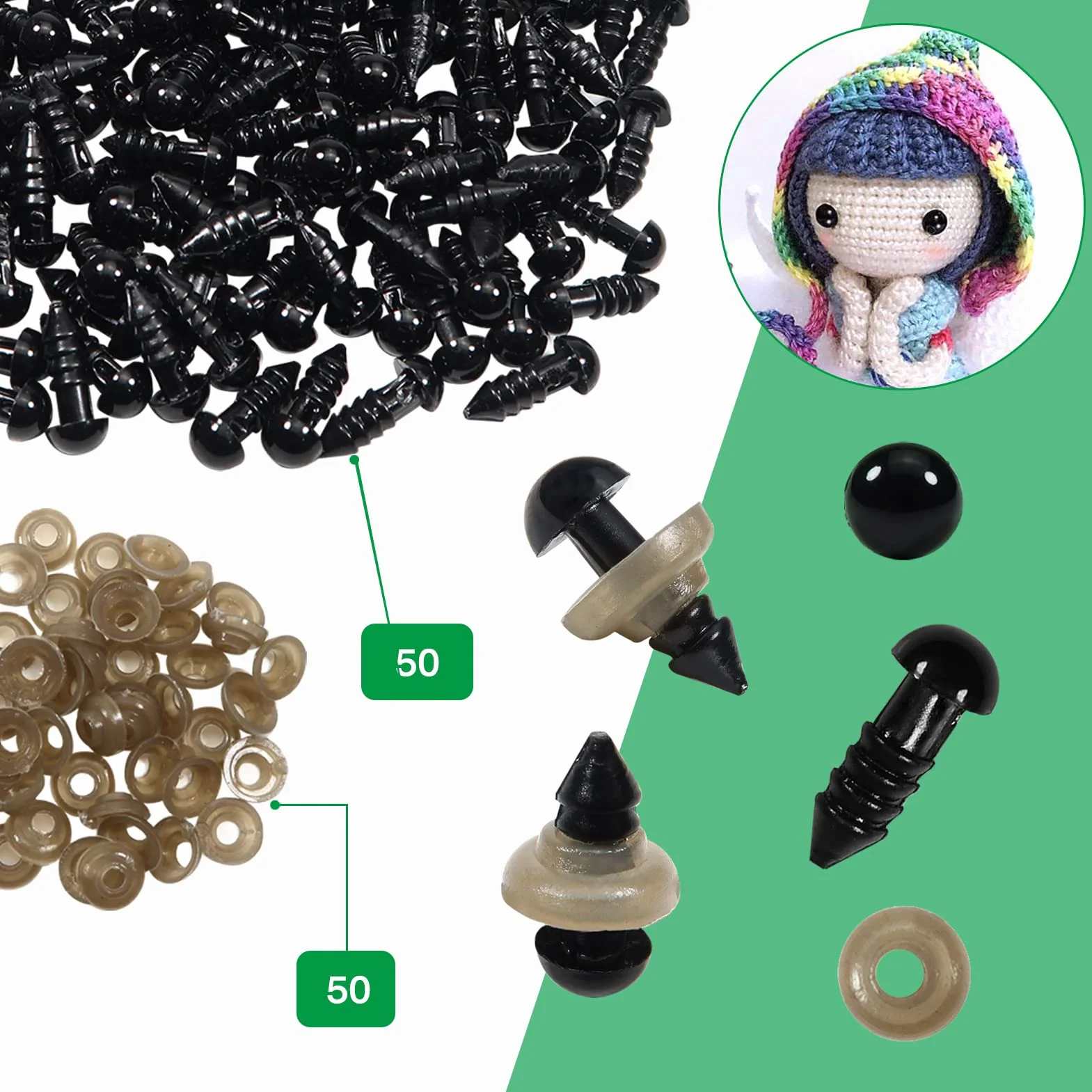 TOAOB 50 Pezzi Occhi di Sicurezza per Amigurumis con Rondelle 6 mm Nero Plastica Occhietti per Bambole Creazione Animale all'Uncinetto Pupazzi Creazione Artigianato Lavoretti