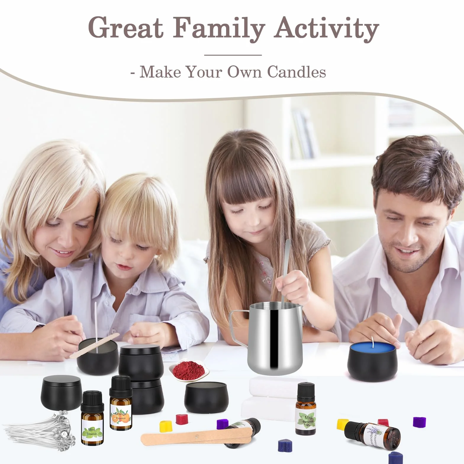 Kit per Fabbricazione Candele, Kit per Natale Produzione di 9-Candele per Principianti, DIY Set Regalo con Pentola per Versare,Stoppini,Adesivi,Cucchiai per Mescolare,6 Oli Essenziali,480g Cera Soia