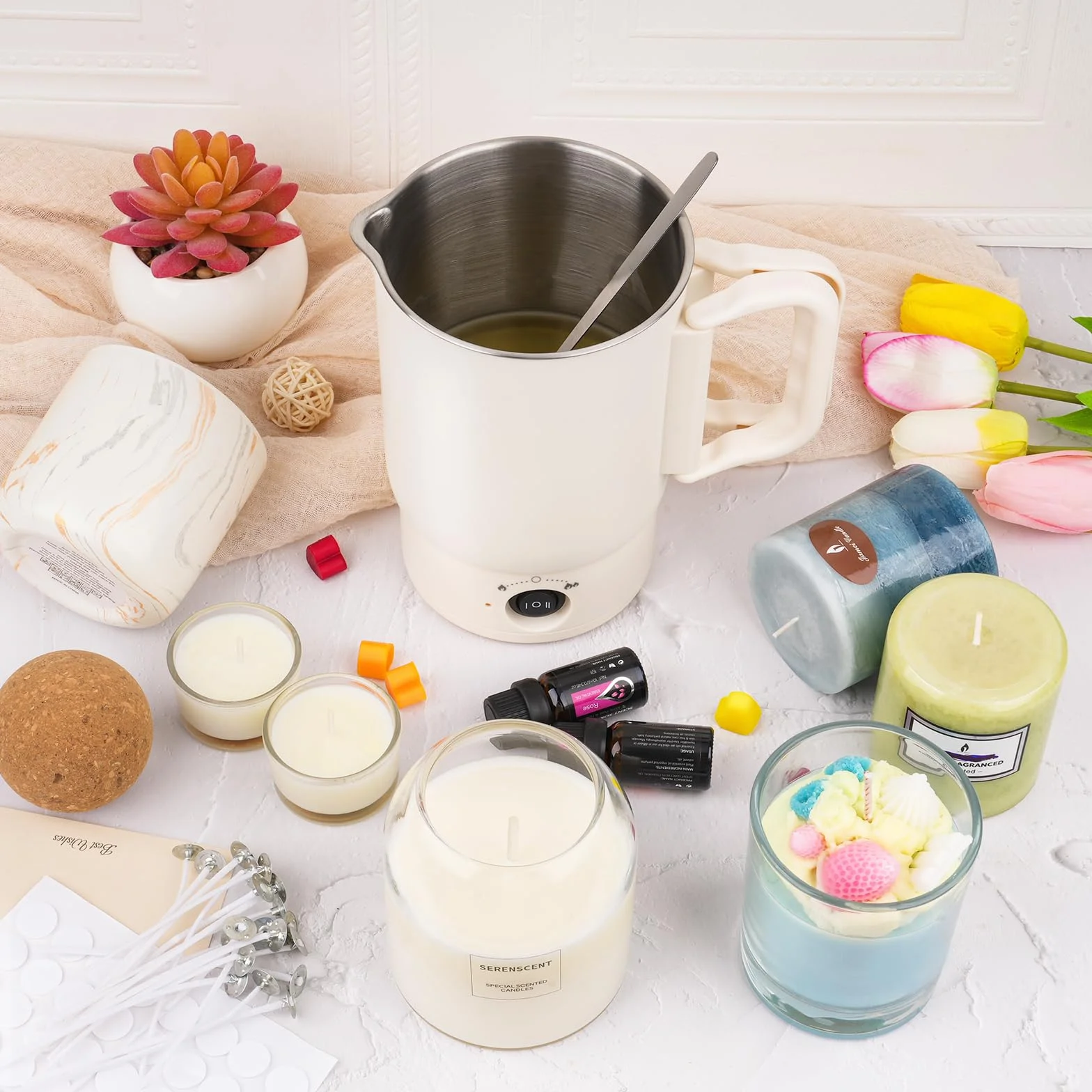 Spoyletto Fusciera elettrica per la produzione di candele, candele fai da te, set di accessori con pentola per fusione di cera, termometro, stoppino per candele, stoppino e cucchiaio per mescolare