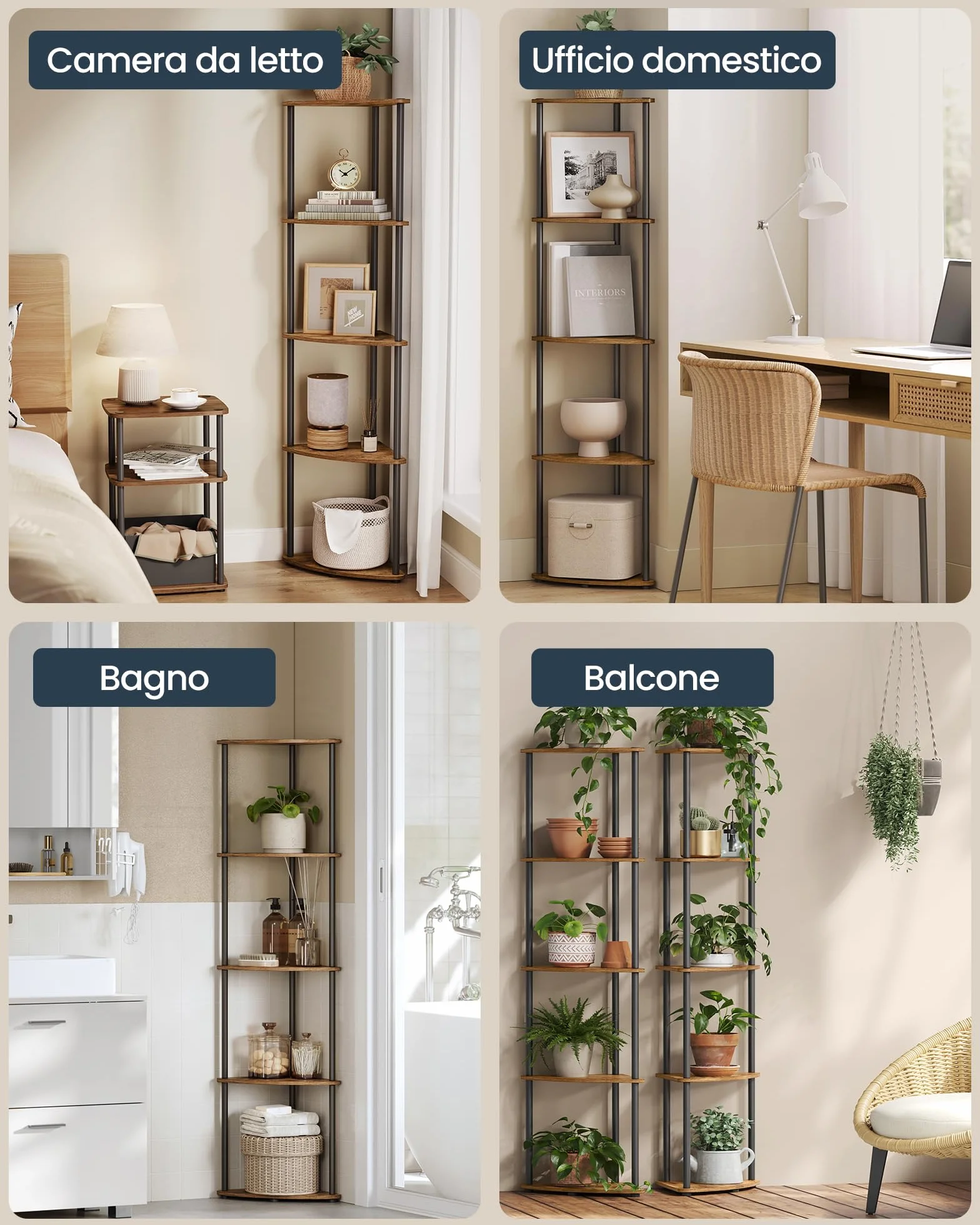SONGMICS HOME Montaggio Super Veloce Senza Attrezzi, Scaffale Angolare a 5 Ripiani, Scaffale Autoportante, 38,3 x 27 x 139 cm, per Soggiorno, Camera da Letto, Cucina, Marrone Vintage LBC610K01