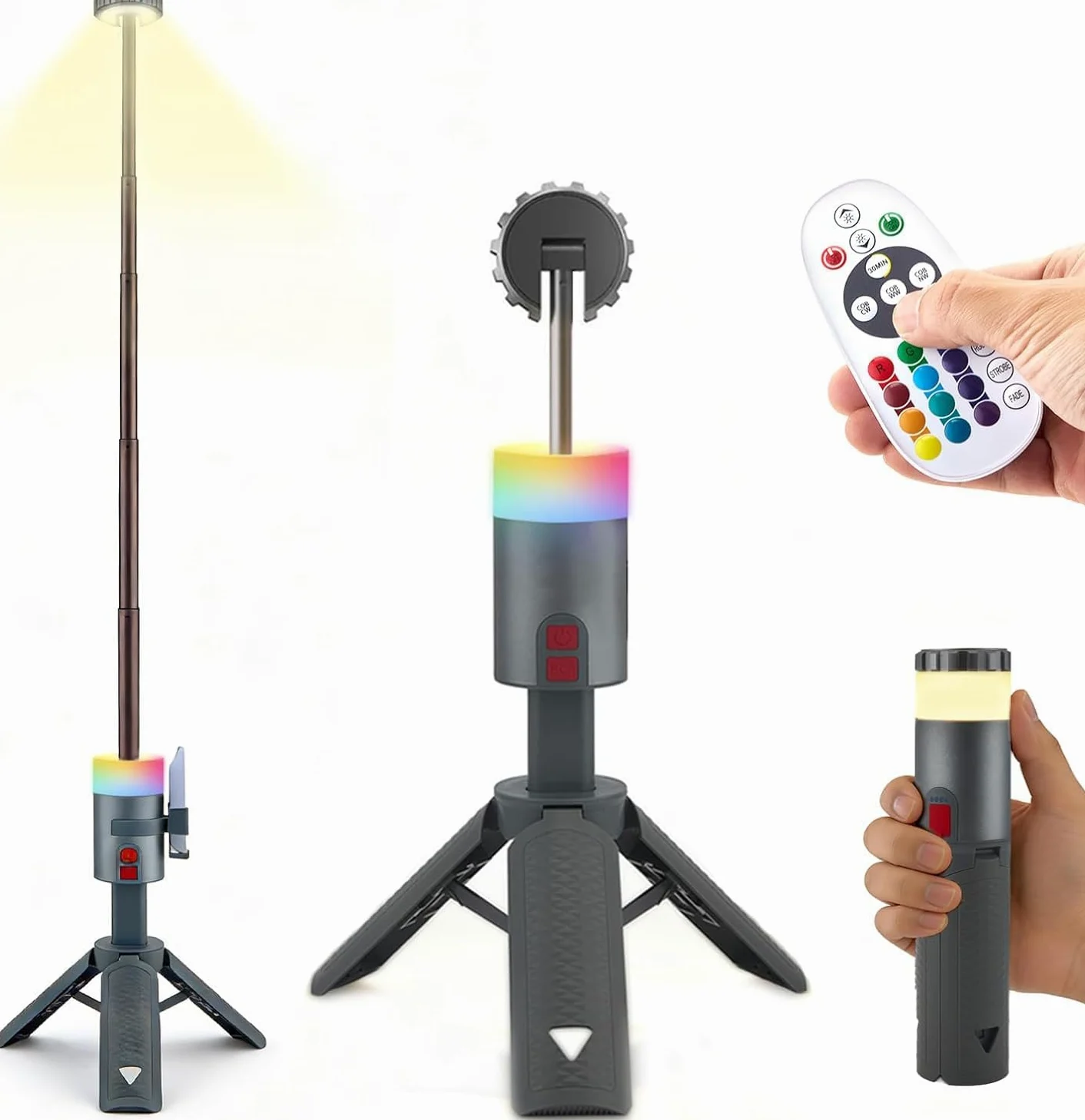 Faretto LED con treppiede, 1000 lm, ricaricabile, COB + RGB, dimmerabile, 6000 mAh, IPX5, IPX5, impermeabile, lampada da cantiere, lampada da tenda per viaggi, officina, sport, campeggio, emergenze