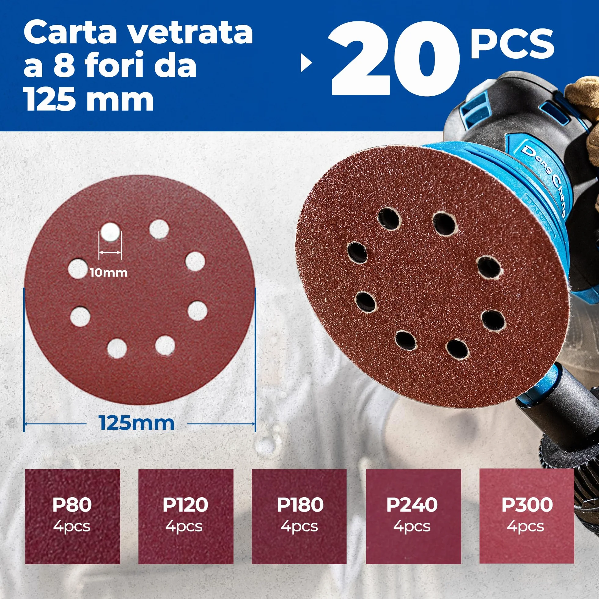 Dong Cheng Levigatrice eccentrica 380 W 125 mm 6 vel. 8000-12800 giri/min con depolveratore 20 dischi abrasivi