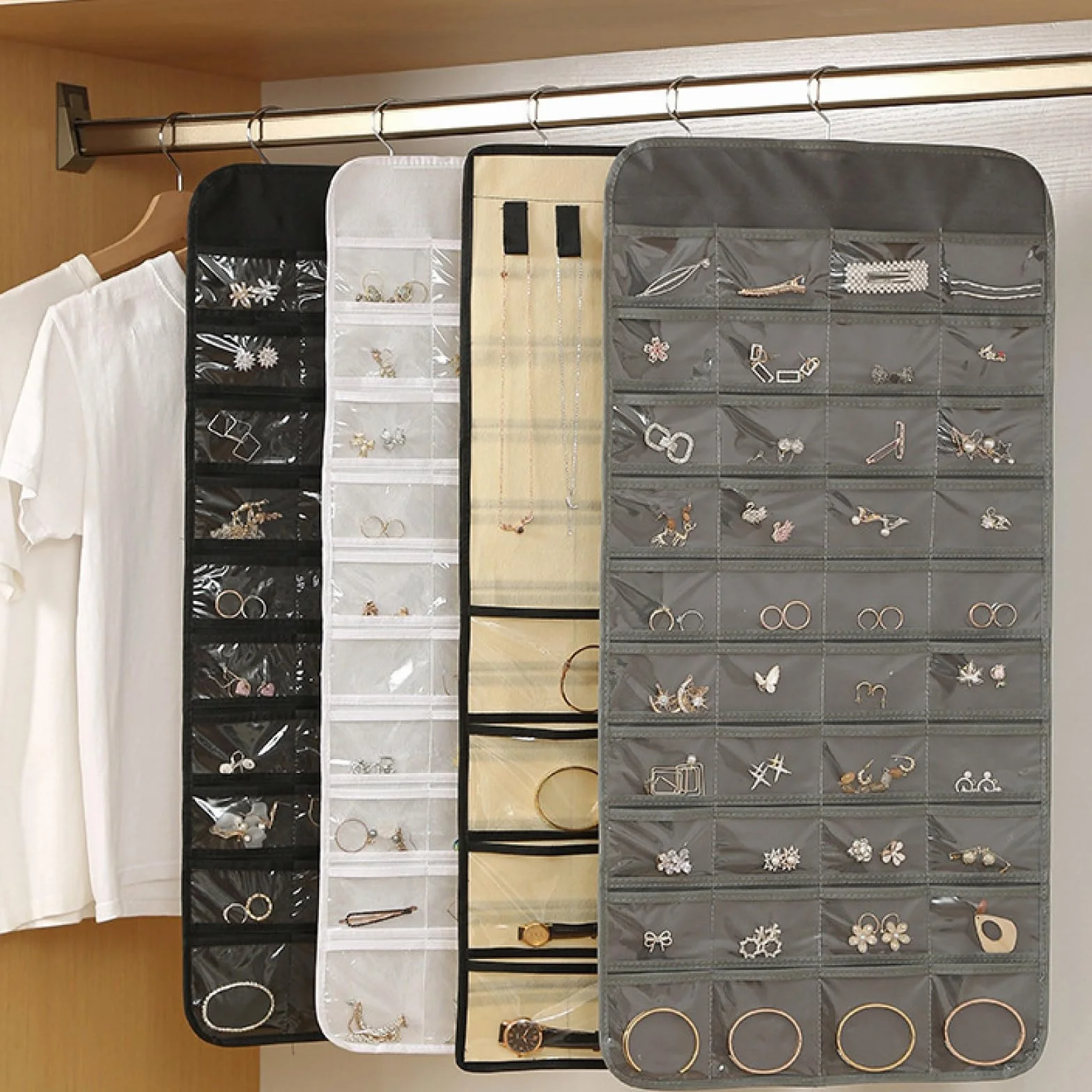 Hanging Jewelry Organizer Doppia Faccia con 48 Tasche Bianco per Armadio