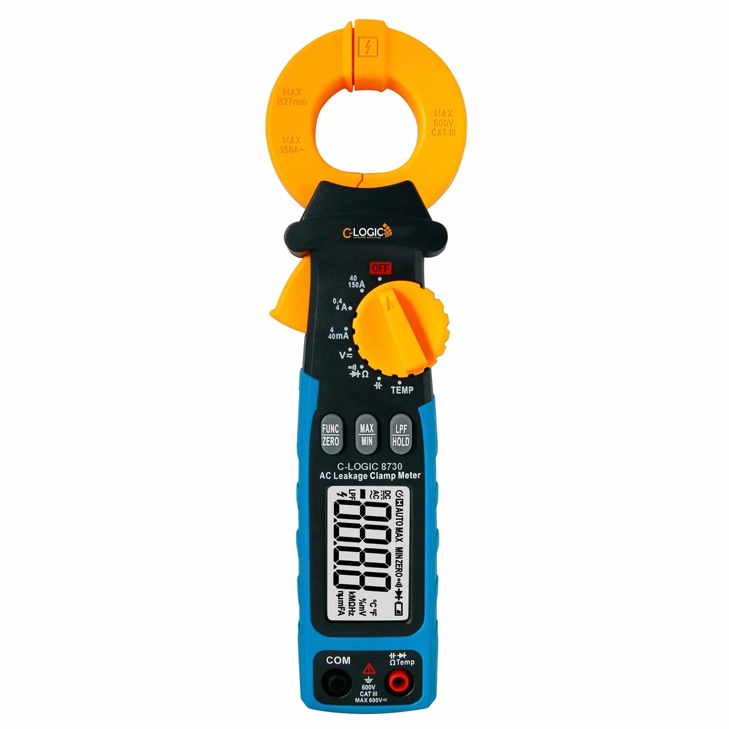 C-LOGIC 8730 Pinza di Corrente di Dispersione AC 150A TRMS e Filtro Passa Basso (LPF) Resistenza Tensione AC/DC Capacità Temperatura AUTO CAT. III 600V