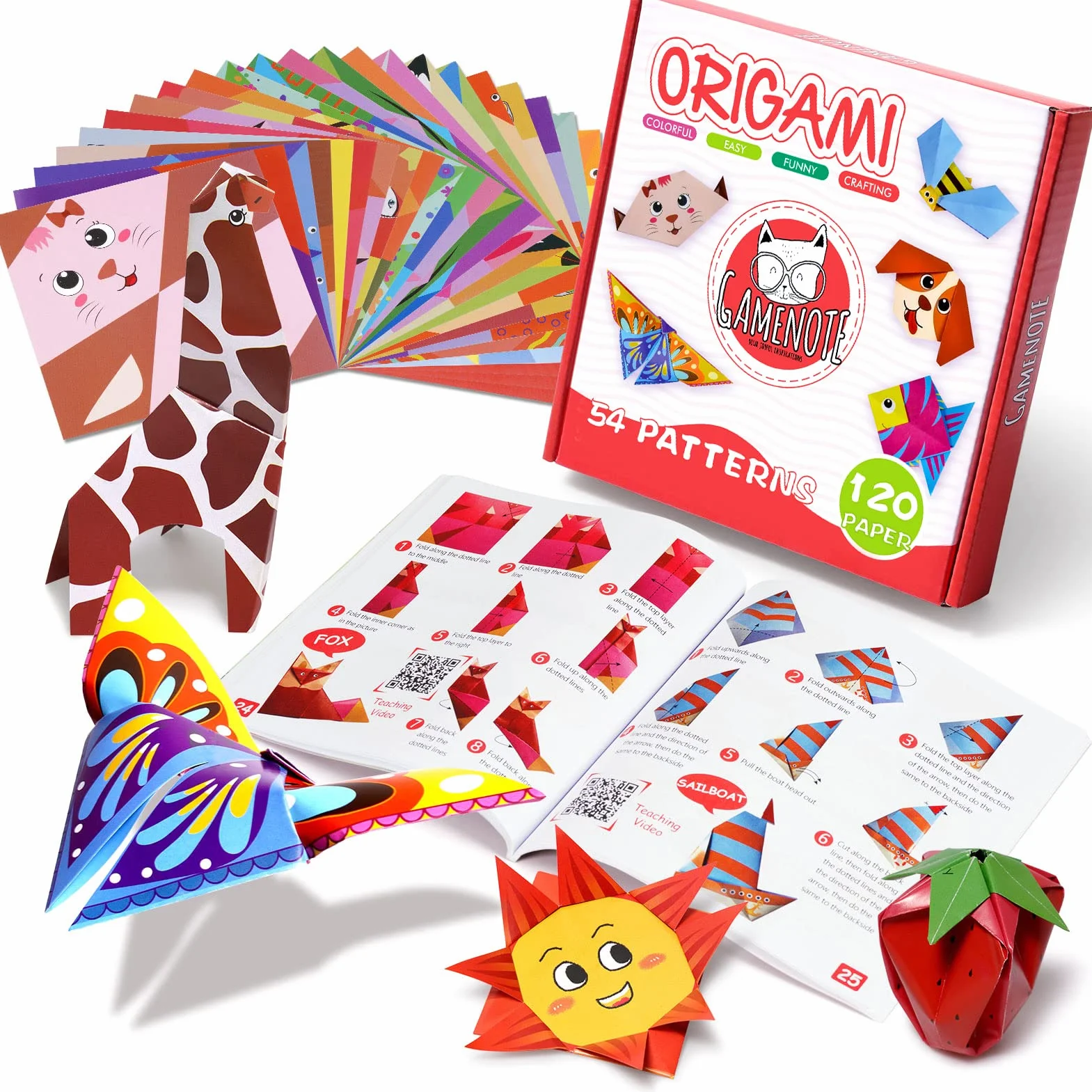 Gamenote Carta Origami, 120pcs Origami per Bambini Doppia Faccia Fogli Colorati di 54 Bellissimi Modelli Diversi con Manuale di Insegnamento Colorato - Set di Cartoncini Colorati