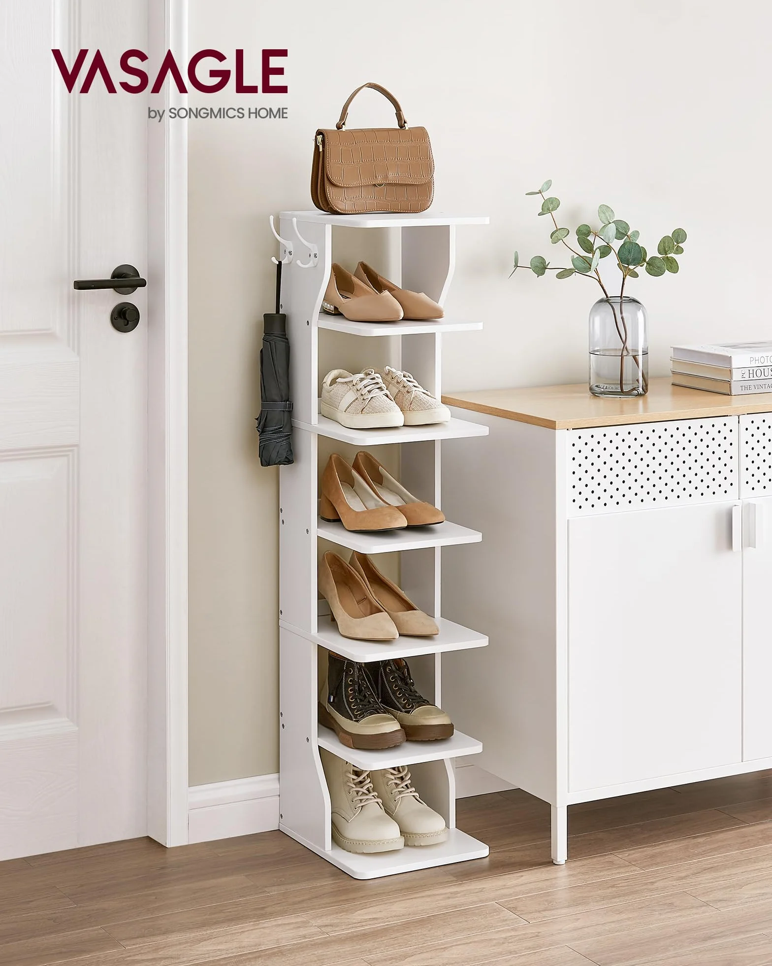 VASAGLE Scarpiera, Scaffale Portascarpe da Ingresso a 7 Livelli, Scarpiera Stretta, per Corridoio, Angolo, Cabina Armadio, Bianco LBS200T14