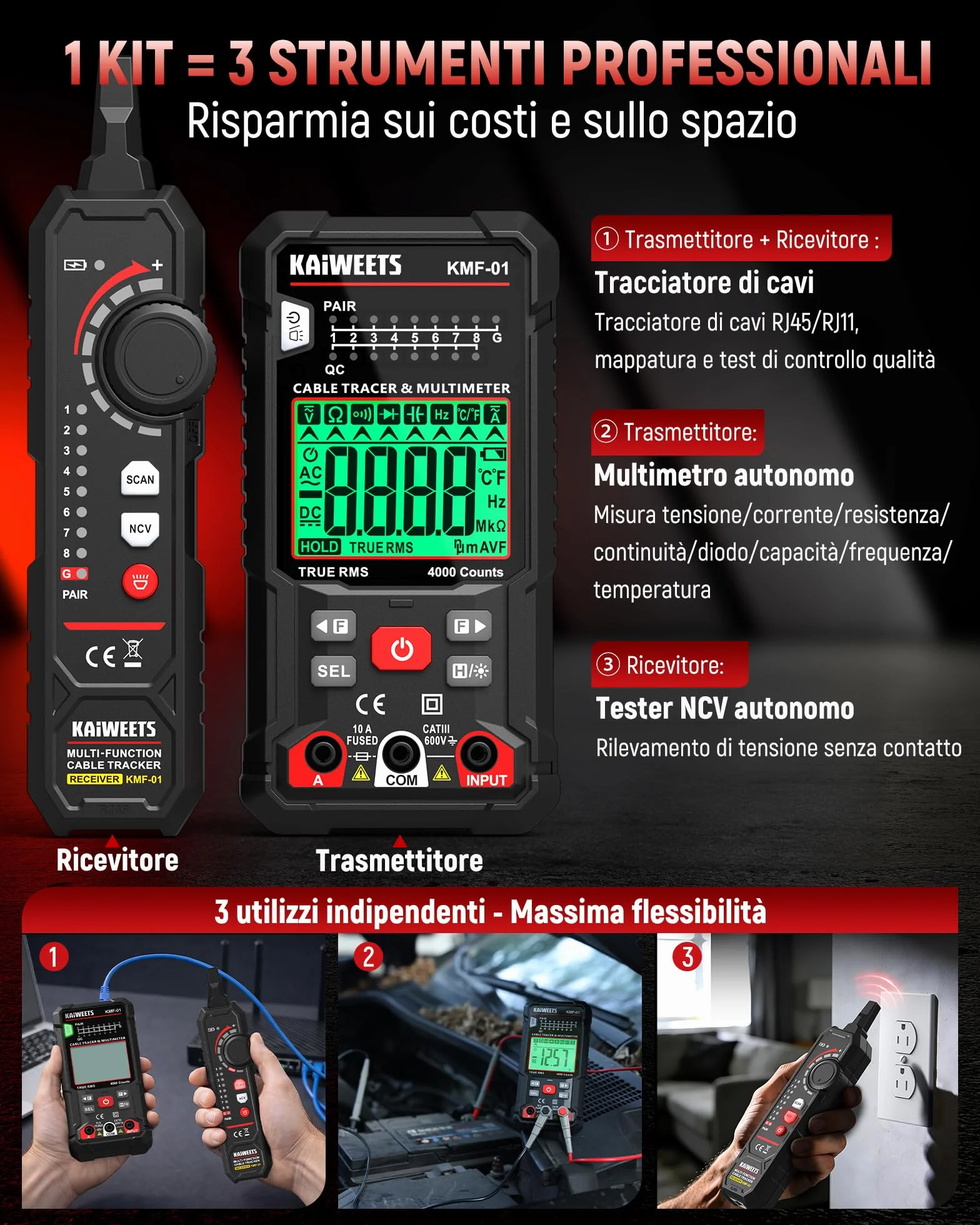 KAIWEETS Multimetro Digitale e Localizzatore di Cavi 3 in 1, Tester Automatico TRMS