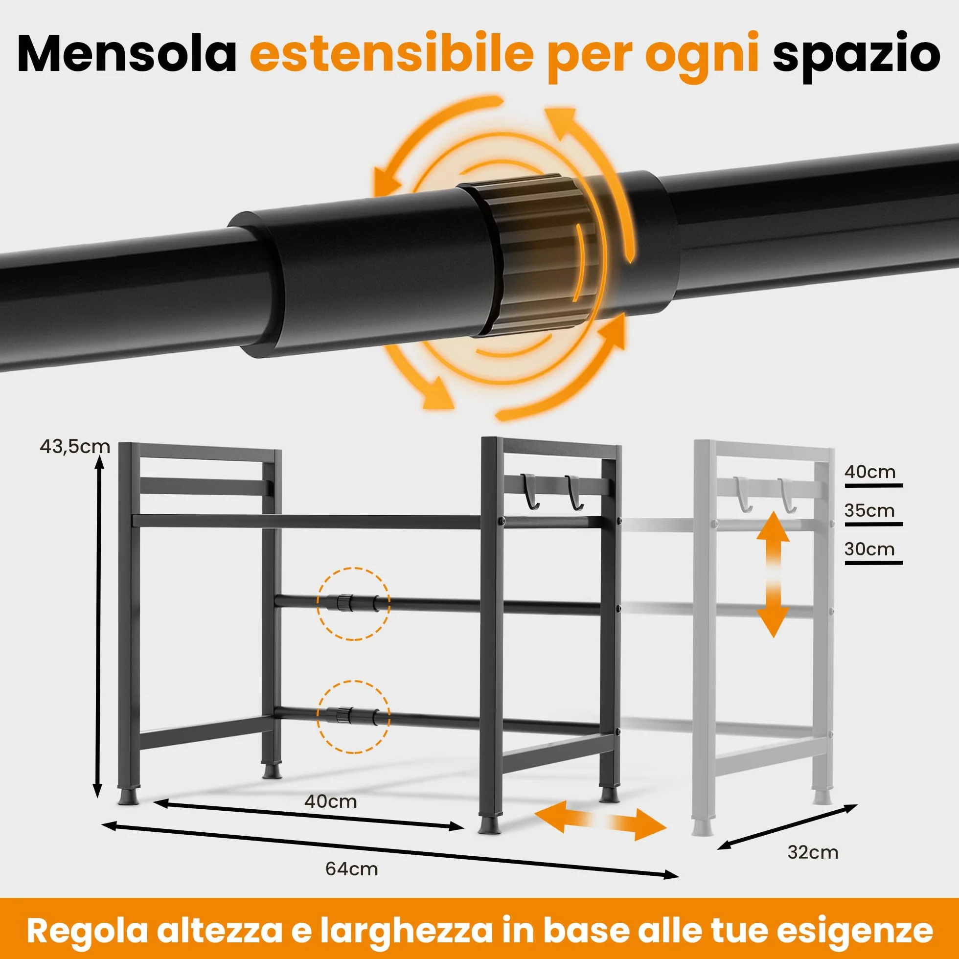 Heldenwunder Mensola MobileCucina Salvaspazio Acciaio (2 Ripiani) | Organizer Forno Mobiletto Scaffali | Supporto Microonde Regolabile + Video Guida, Ganci – Nero