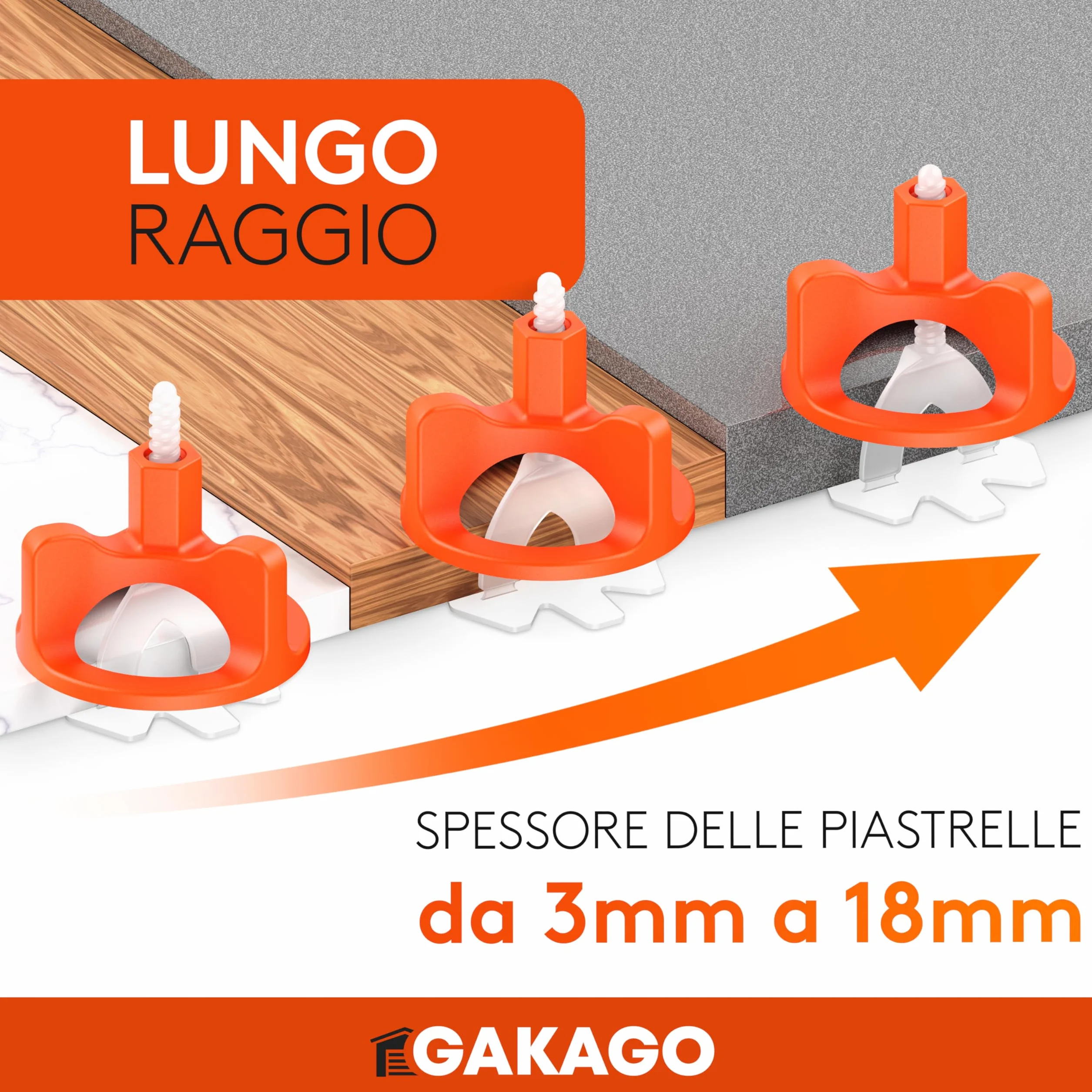 Gakago Sistema di livellamento per piastrelle 200 alette filettate da 1 mm - Ausilio per la posa per un'esecuzione perfetta delle fughe - Gamma superiore per spessori di piastrelle da 3 a 18 mm