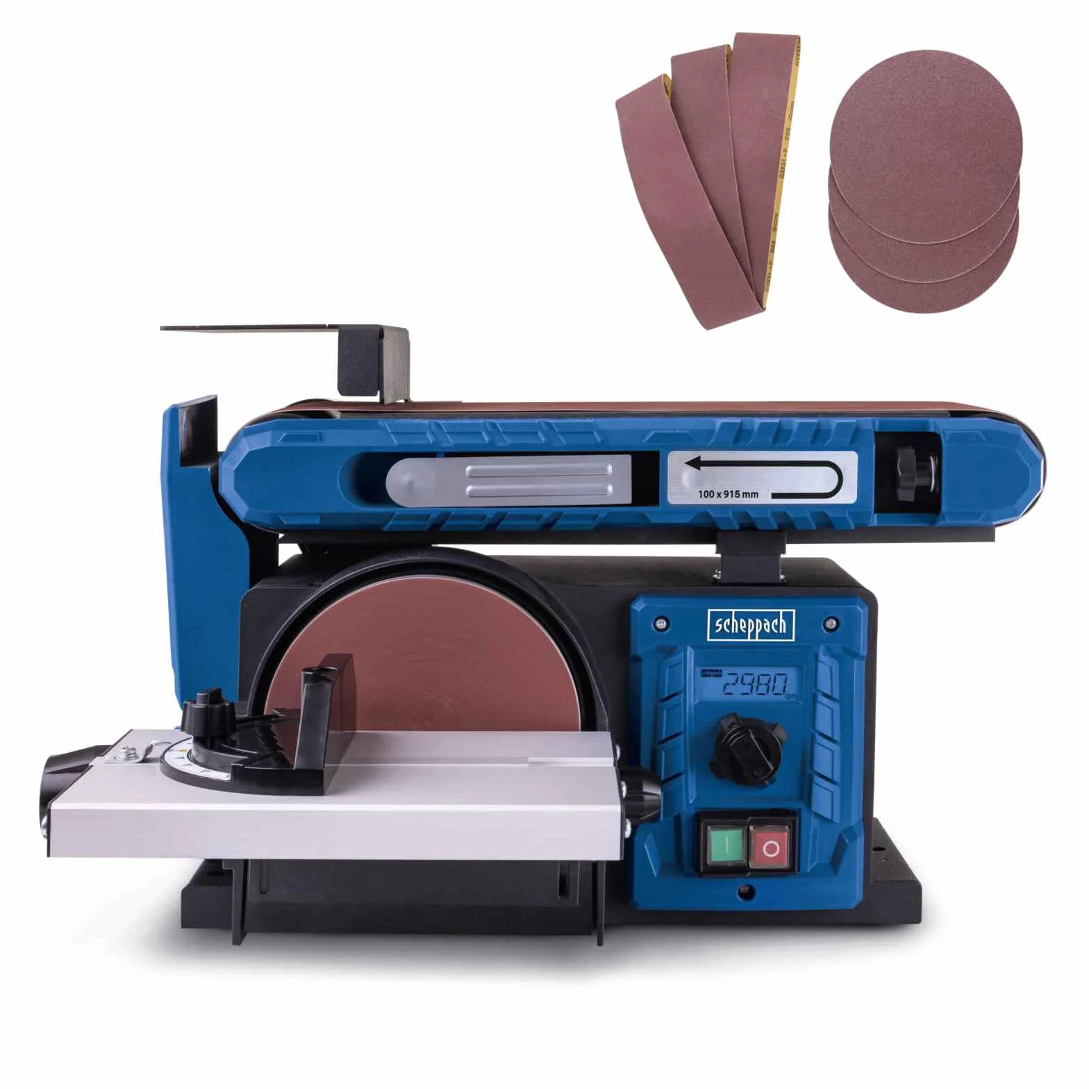 Scheppach BTS900Vario - Levigatrice a nastro e piatti con velocità vario, 400 W, piatto abrasivo 150 mm, regolazione continua della velocità | arresto trasversale | tavolo 0° – 45° | con carta vetrata