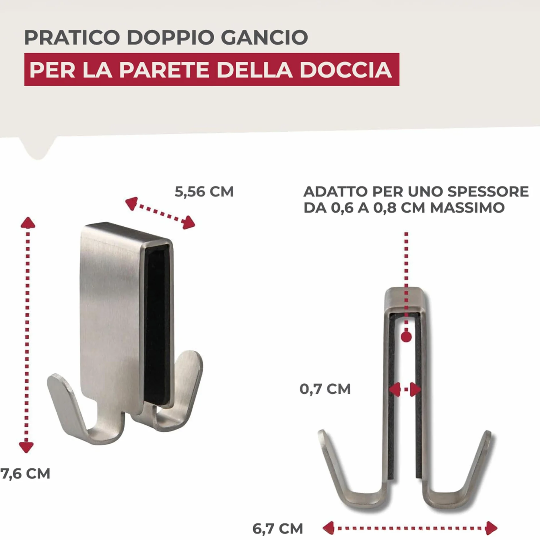 Fackelmann Gancio doppio per box doccia, appendi accappatoio, materiale in acciaio inox, dotato di feltrino interno antigraffio, adatto ai box doccia con spessore standard, dimensioni 7,6 x 6,7 cm