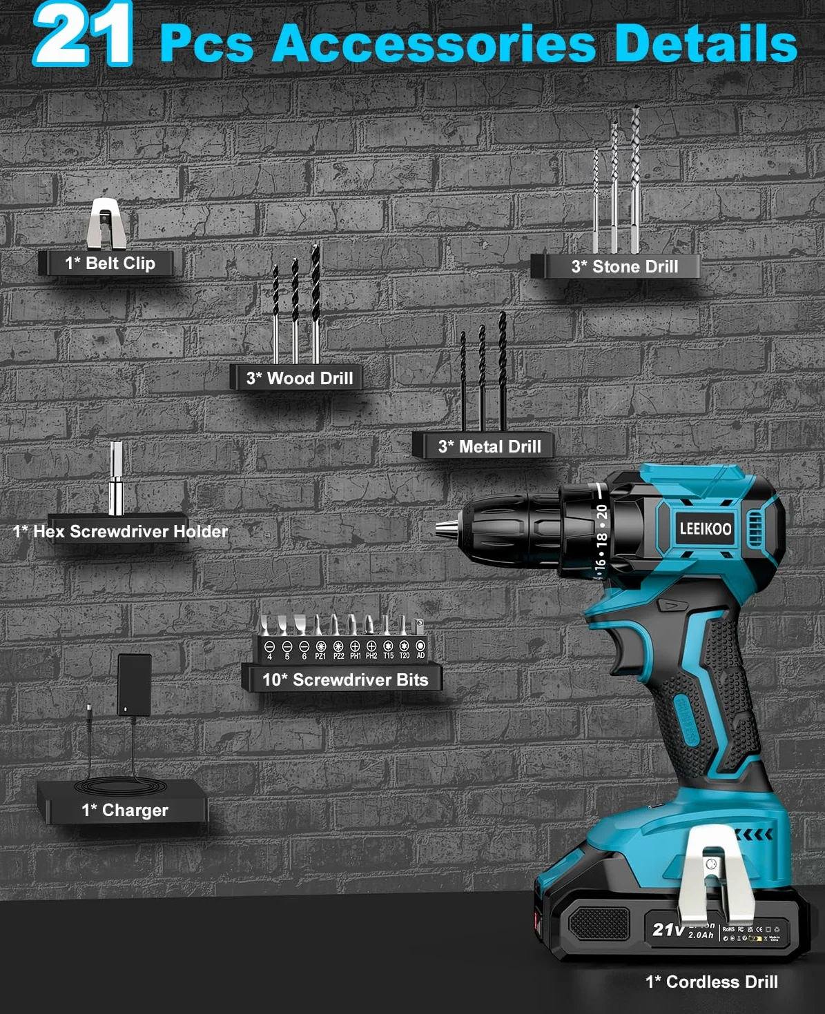 Brushless Trapano Avvitatore Batteria, LEEIKOO Avvitatore a Batteria 21V con Battery 2.0Ah, 45N.m Trapano Elettrico, 20 Coppie, 10mm Mandrino, 21 Accessori Per Casa Progetto, Fai da te, Blu