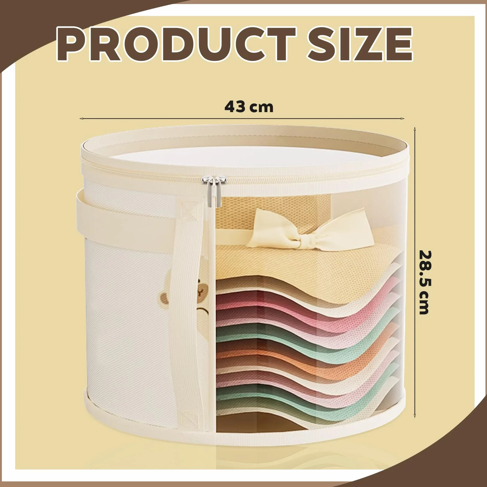 Cappelliera Rotonda con Coperchio, Scatole per Cappelliere Rotonde con Cerniera, Contenitore Per Cappelli Pieghevole, Porta Cappellini Grande per il Guardaroba o per il Viaggio, 2 Pezzi, Beige