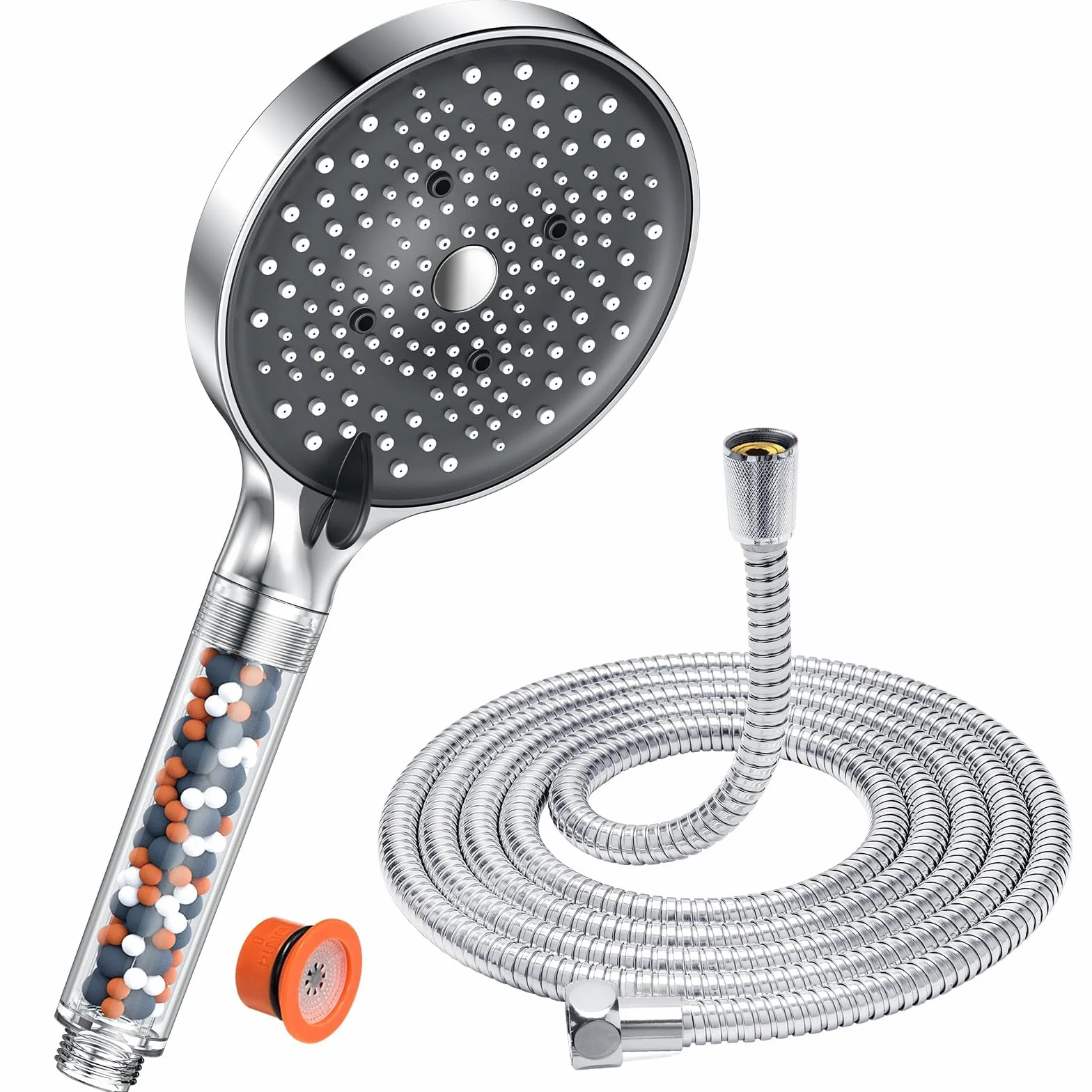Soffione Doccia con Tubo 1,6M, YEAUPE PRO Soffione doccia con anticalcare con 6 tipi di getto, alta pressione risparmio idrico, doccino per doccia grande (130 mm), cromato