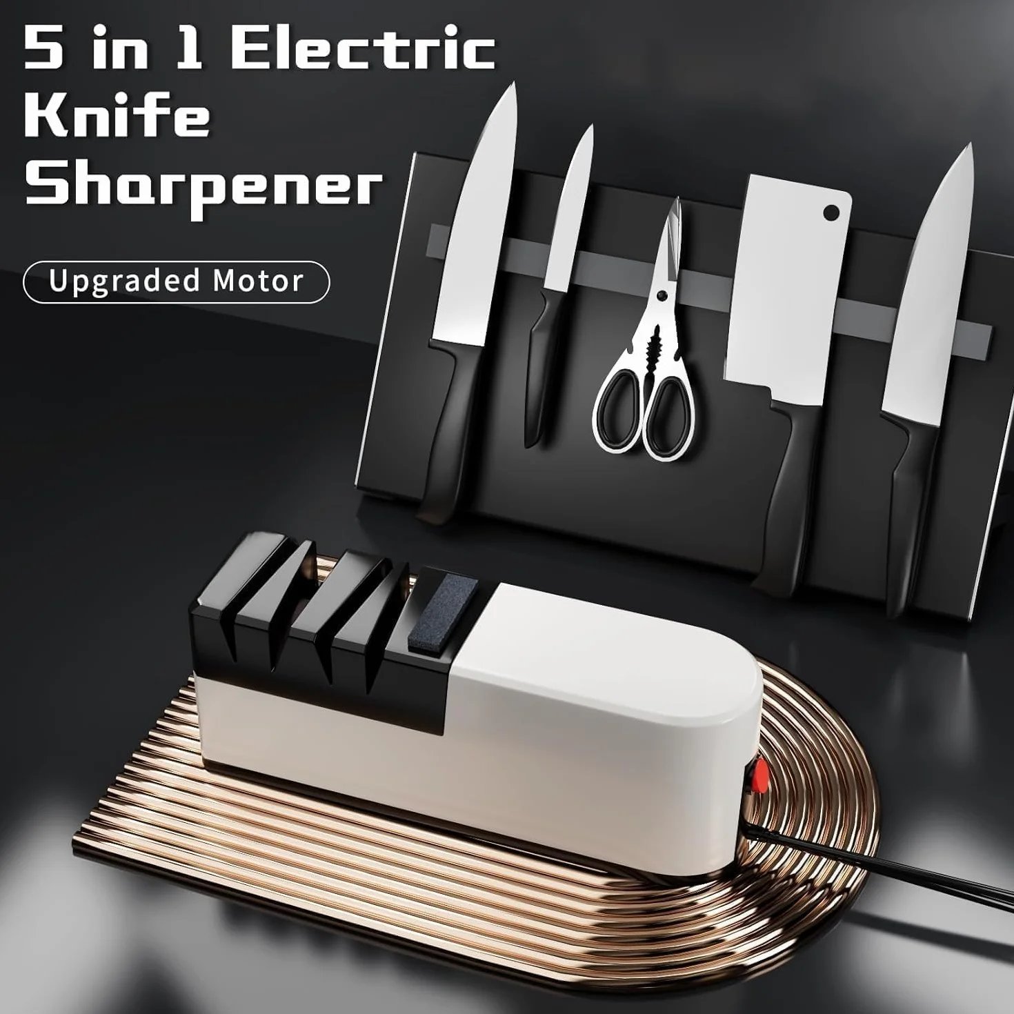 Affilacoltelli elettrico, sistema di affilatura coltelli 5 in 1 con lama dritta, affilacoltelli professionale diamantato PER affilatura grossolana, riparazione e affilatura coltelli (QL1)