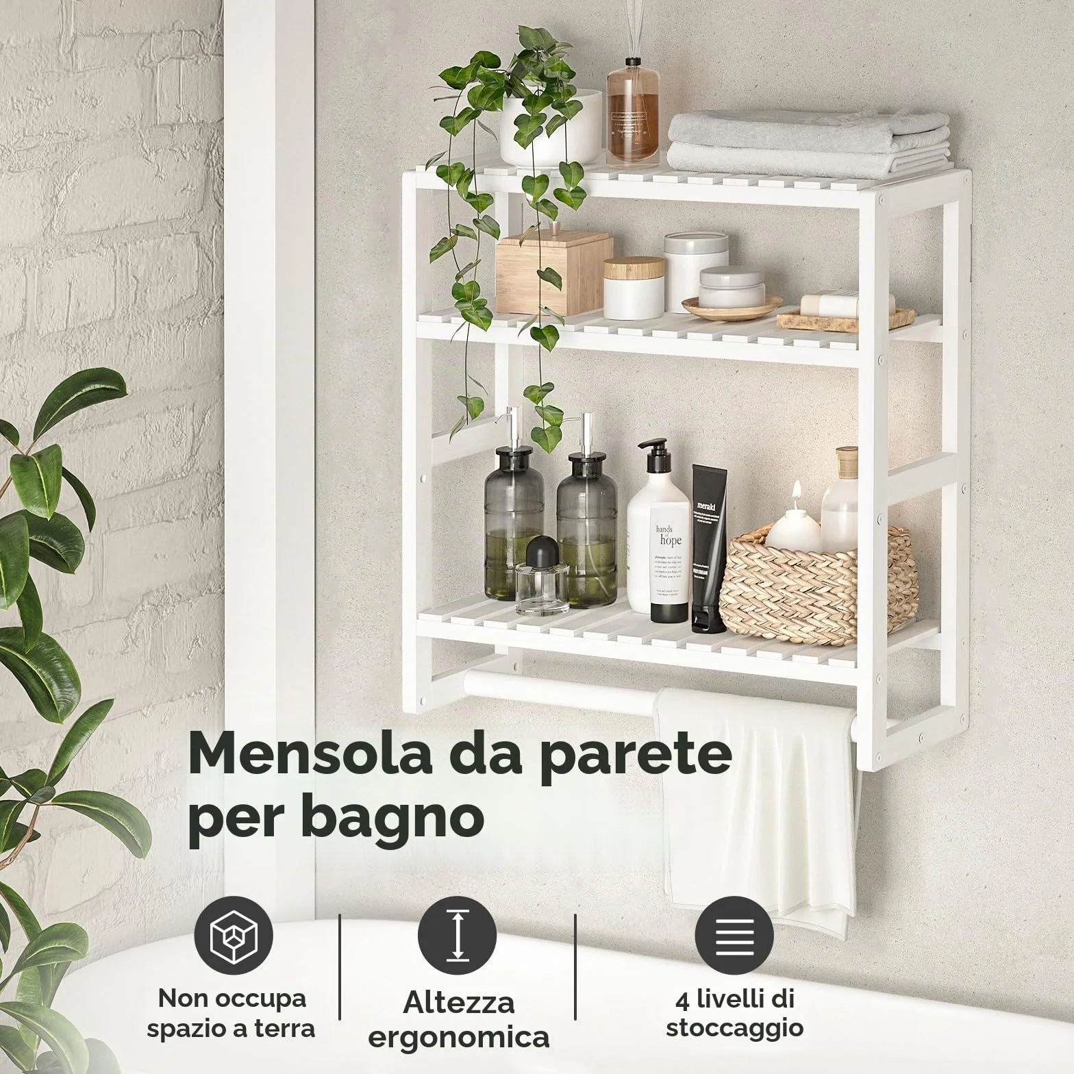 Bamworld Scaffale da Bagno a 3 Ripiani in Bambù, Organizzatore da Parete Moderno e Salvaspazio per Bagno, Cucina o Ufficio, Bianco