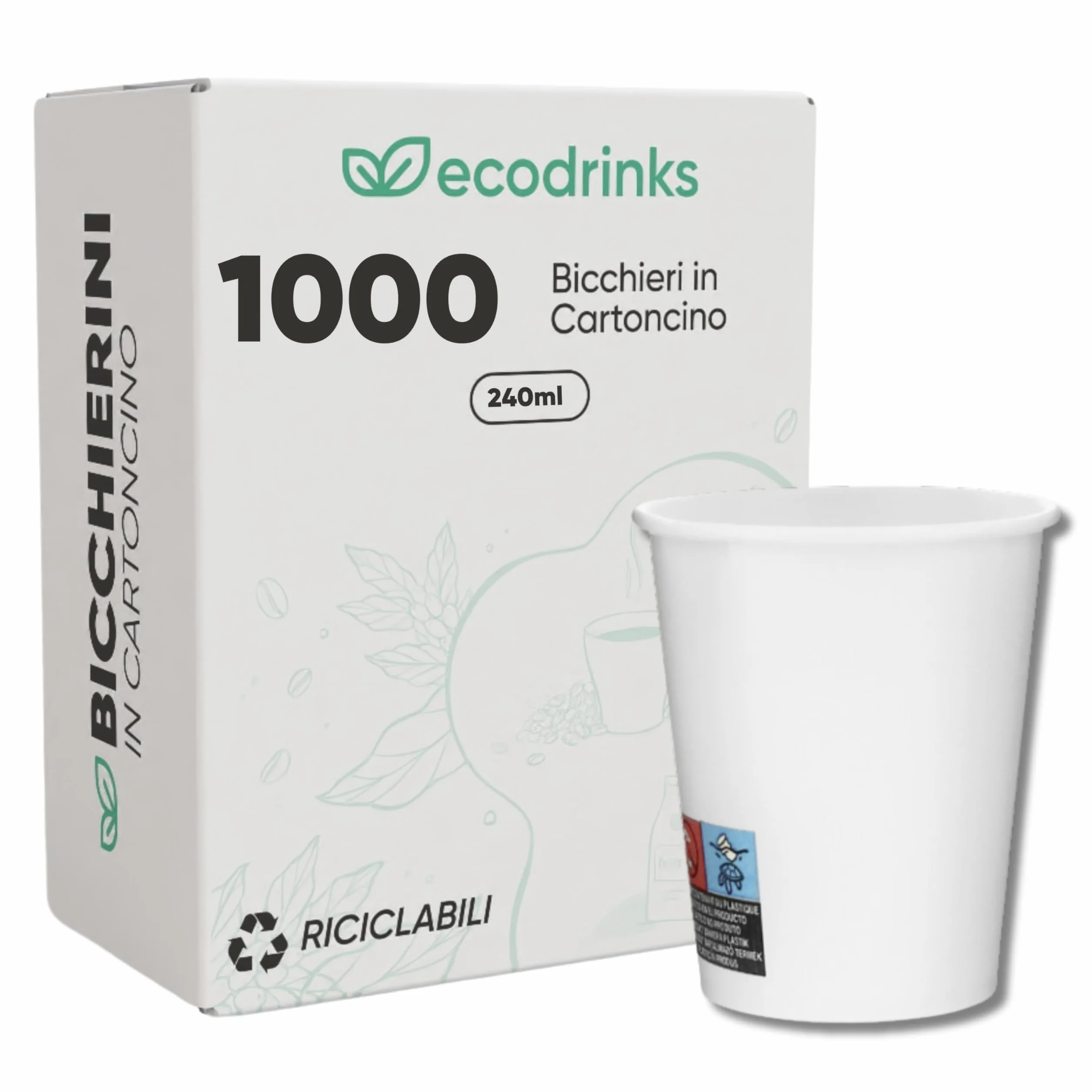Bicchieri Carta Bianco 240ml 1000 pezzi Biodegradabili Eco-friendly Made in Italy