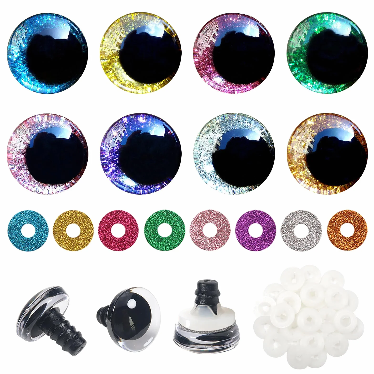 TOAOB 48 Pezzi Occhi di Sicurezza per Amigurumis 20 mm Colorati Glitter Occhi in Plastica con Rondelle per Bambole Animali Peluche