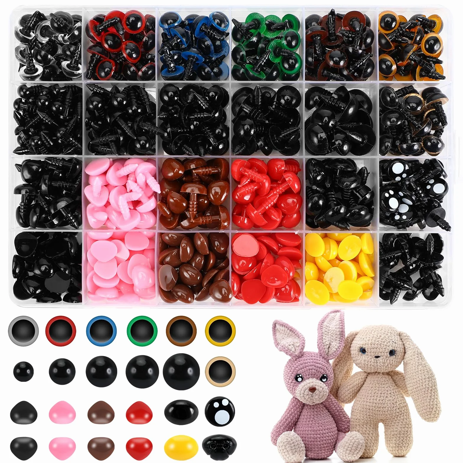 Auauraintt 1040 Pezzi Occhi Amigurumi, Colorati Safety Eyes e Nasi di Diverse Dimensioni con Rondelle, Amigurumi Kit Adatti per Amigurumi, Peluche, Orsacchiotti e Animali all'Uncinetto
