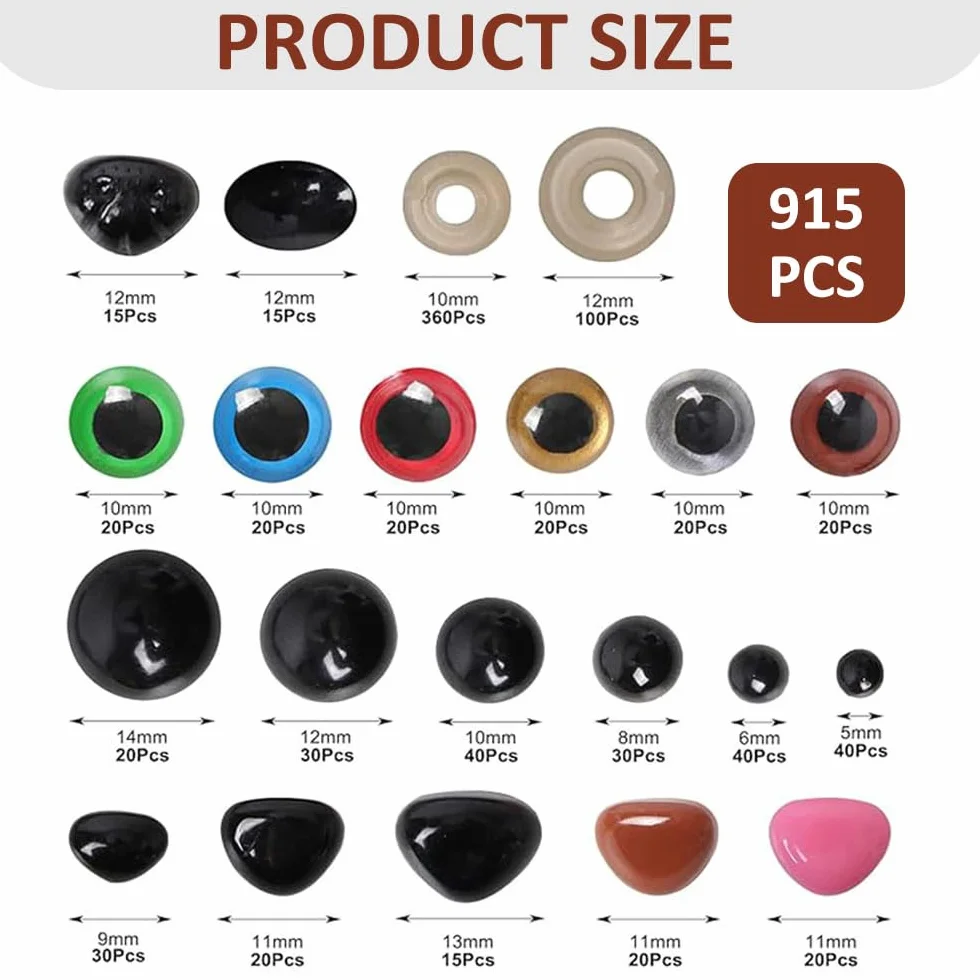 915 pz Occhi e Naso Di Sicurezza per Amigurumi,Safety Eyes,Occhi Pupazzi,Occhi Bambole Artigianali,Occhietti per Pupazzi Uncinetto,Occhi Colorati Amigurumi con Rondelle,Occhi Peluche Crochet