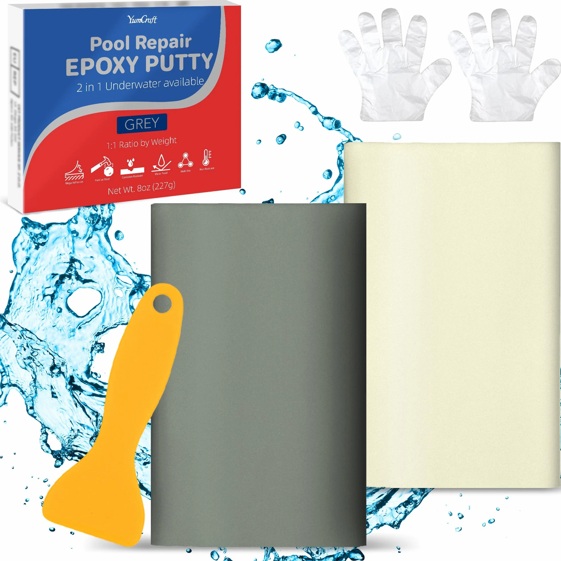 Stucco Piscina，227g Stucco Epossidico Bicomponente, Utilizzato per Riparare Perdite, Crepe, Riempimento, Incisione, per Metallo, Piastrelle in Ceramica, Può Essere Usato Sott'acqua (Grigio)