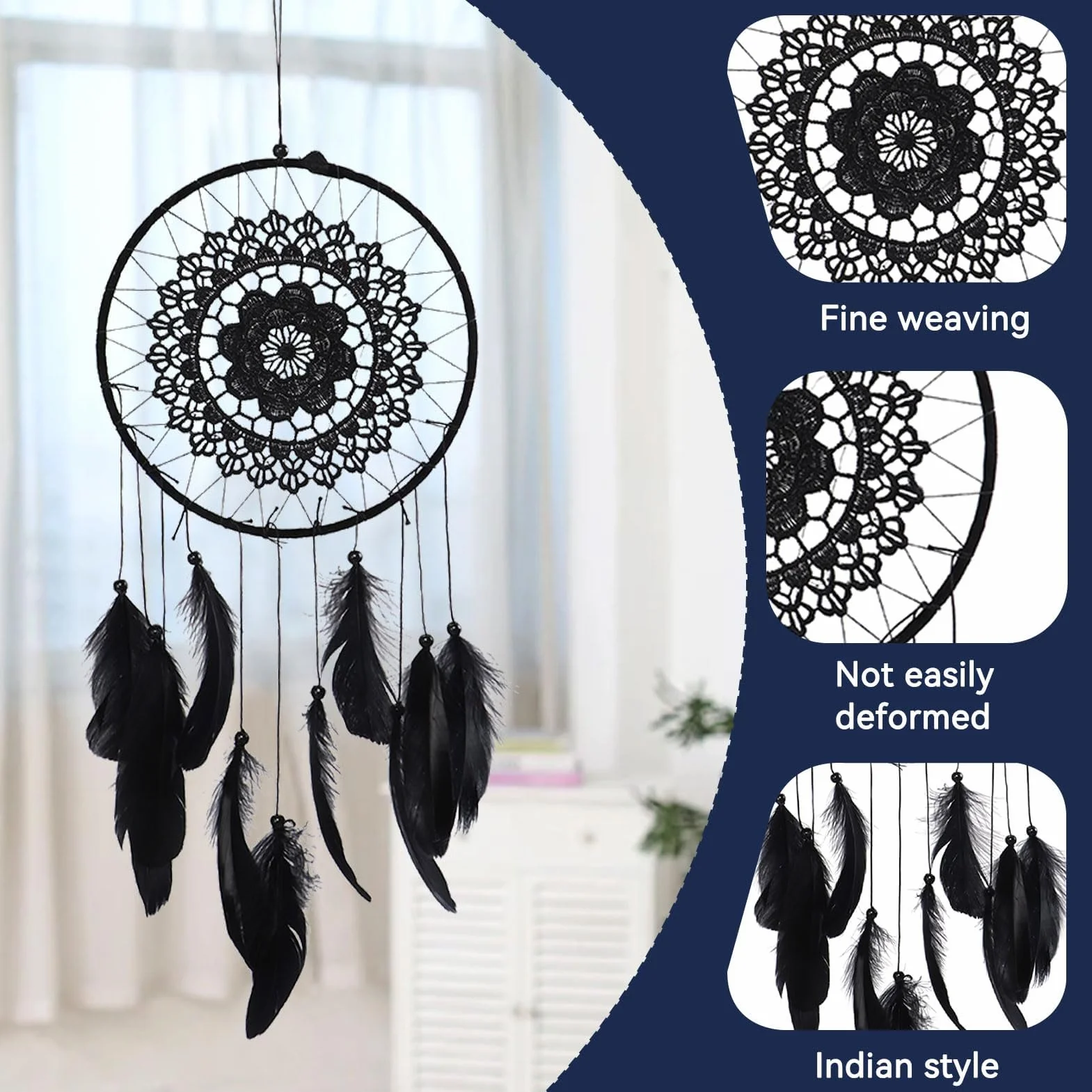 HERCHR Acchiappasogni nero con perline e piume diametro 20,5 cm per decorazione camera da letto