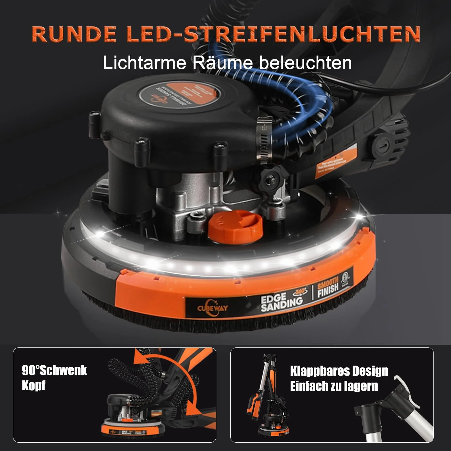 Levigatrice da parete e soffitto, 750 W, velocità massima 1800 giri/min, levigatrice a parete con LED e manico telescopico, levigatura 215 mm, borsa di estrazione, manico pieghevole, testa