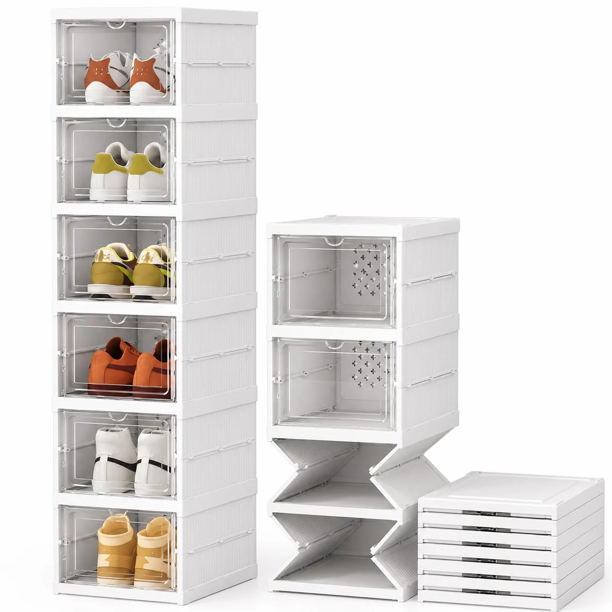 Scarpiera Salvaspazio Pieghevole 6 Ripiani, Portascarpe Modulare Impilabile con Sportello Antipolvere Trasparente, Organizzatore Scarpe per Armadio Ingresso, 105x35,5x25,5 cm, Bianco