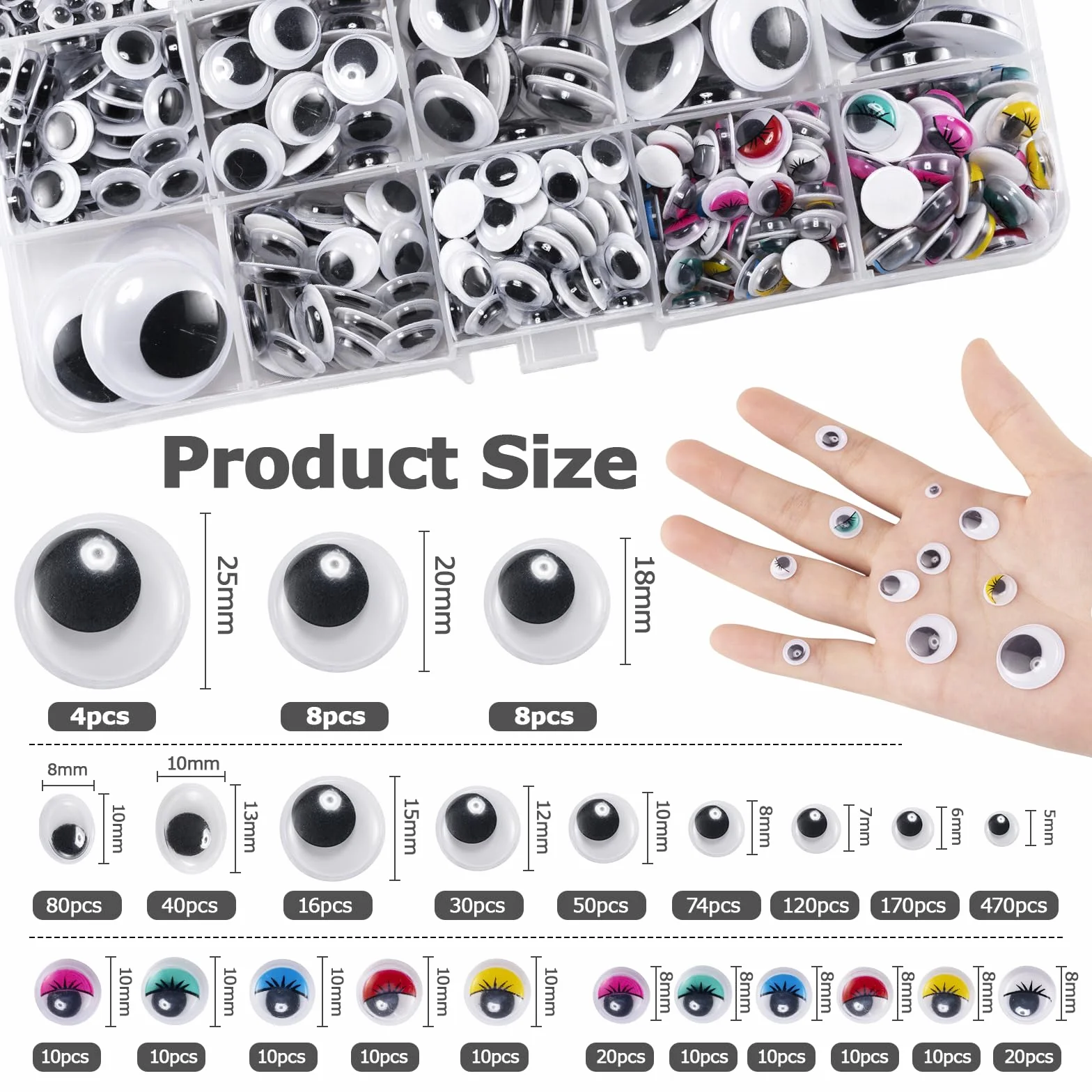 Carehabi 1200 Pezzi Occhi Mobili Adesivi Giocattolo Autoadesivi per Fai da Te Scrapbooking Accessori