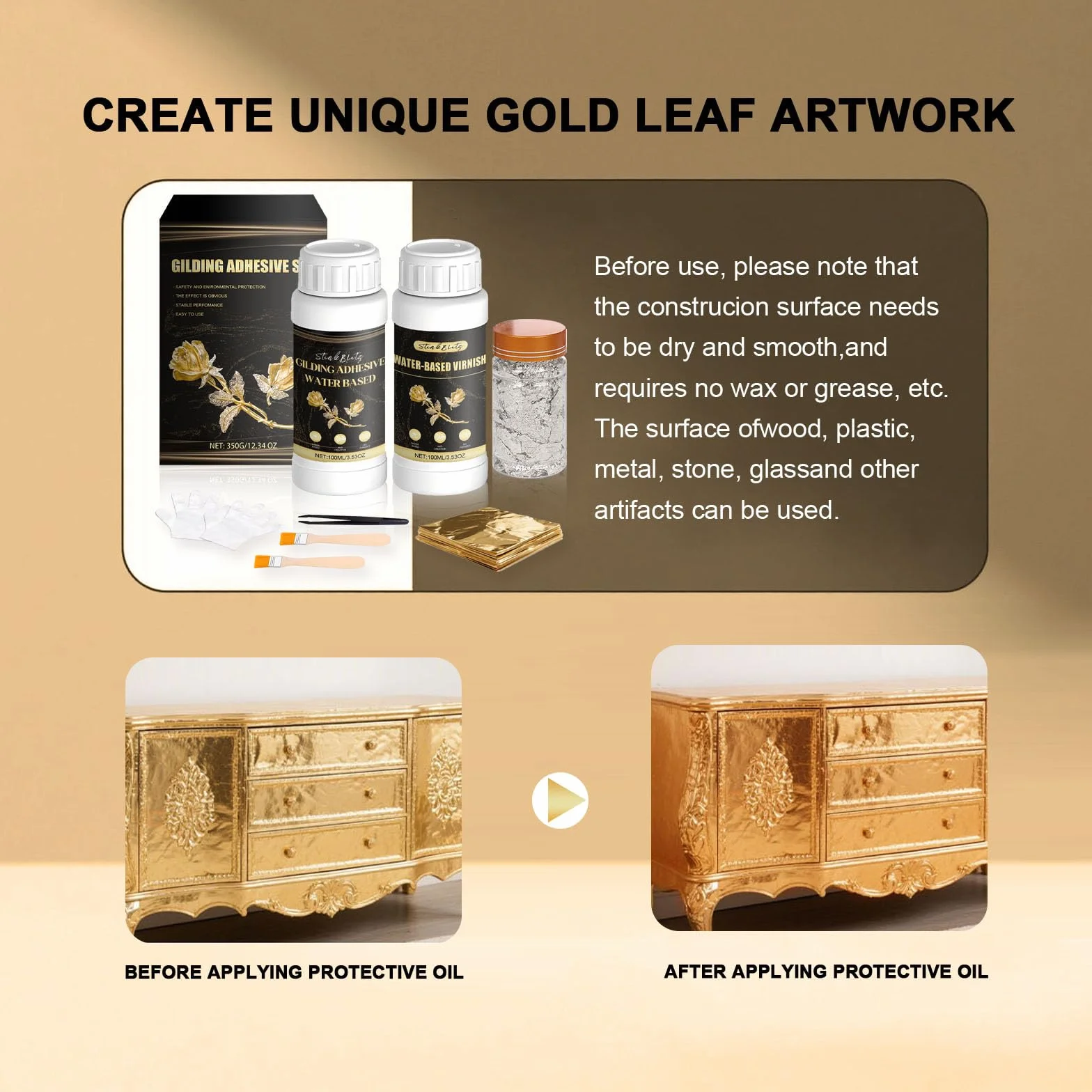 Adesivo per Foglia d'oro, Colla per Foglia d'oro,100 ml di Colla per lamiere a Base d'Acqua e 100 ml di Vernice, Foglia 100 Pezzi, per Lavori Manuali Pittura, Decorazione da Parete Gold Leaf