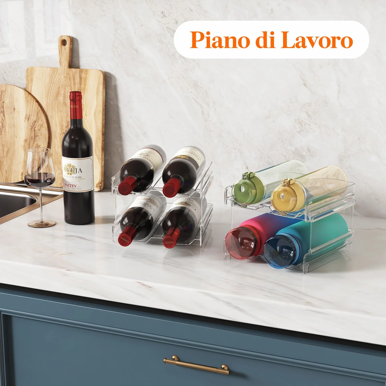 Lifewit Portabottiglie Impilabile in Plastica per Frigorifero, Organizer per 4 Bottiglie, Trasparente