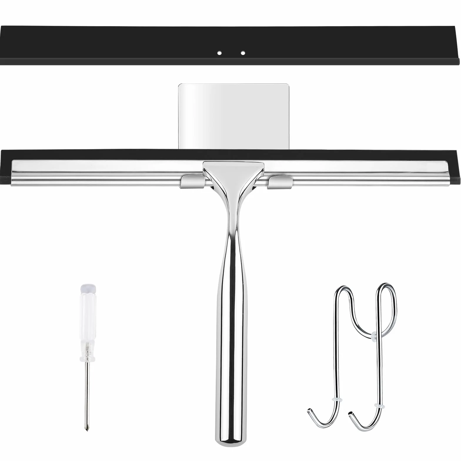25CM Tergivetro Per Doccia, Tira Acqua Da Doccia In Acciaio Inox, Tiraacqua Vetri Doccia Con 1 Gancio E 2 Lama In Silicone, Senza Bisogno Di Forare, Può Pulire Bagno, Finestre E Specchi