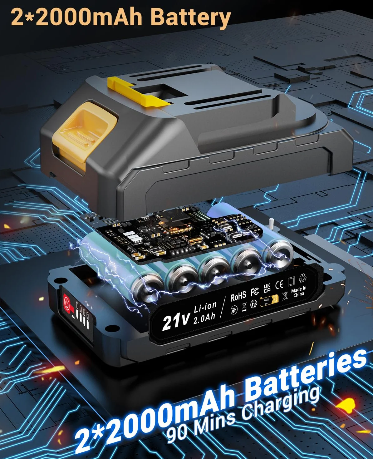 Trapano Avvitatore Batteria 21V, Brushless Avvitatore a Batteria con 2 Batterie da 2.0Ah, 45N.m di Coppia, 2 Velocità, 20+1 Coppia, 14 Accessori, Luce a LED, Per il fai da te, Grigio
