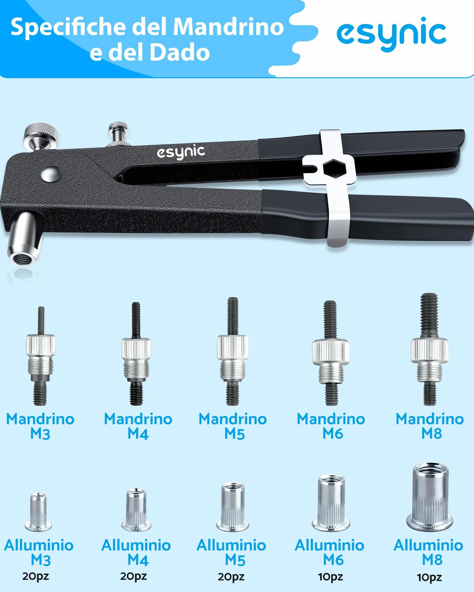 Kit Rivettatrice per Inserti Filettati 86pz M3 M4 M5 M6 M8 Pinza Pistola Manuale a Rivetti Professionale Nero