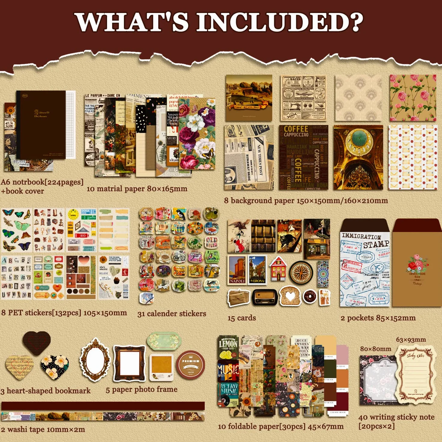SUPRBIRD Scrapbooking Kit Set di accessori per scrapbook vintage 136 pezzi,Estetico Bullet Junk Journaling con A6 Griglia Notebook Album Da Viaggio, regalo fai da te per Ragazze E Donne (Cioccolato)