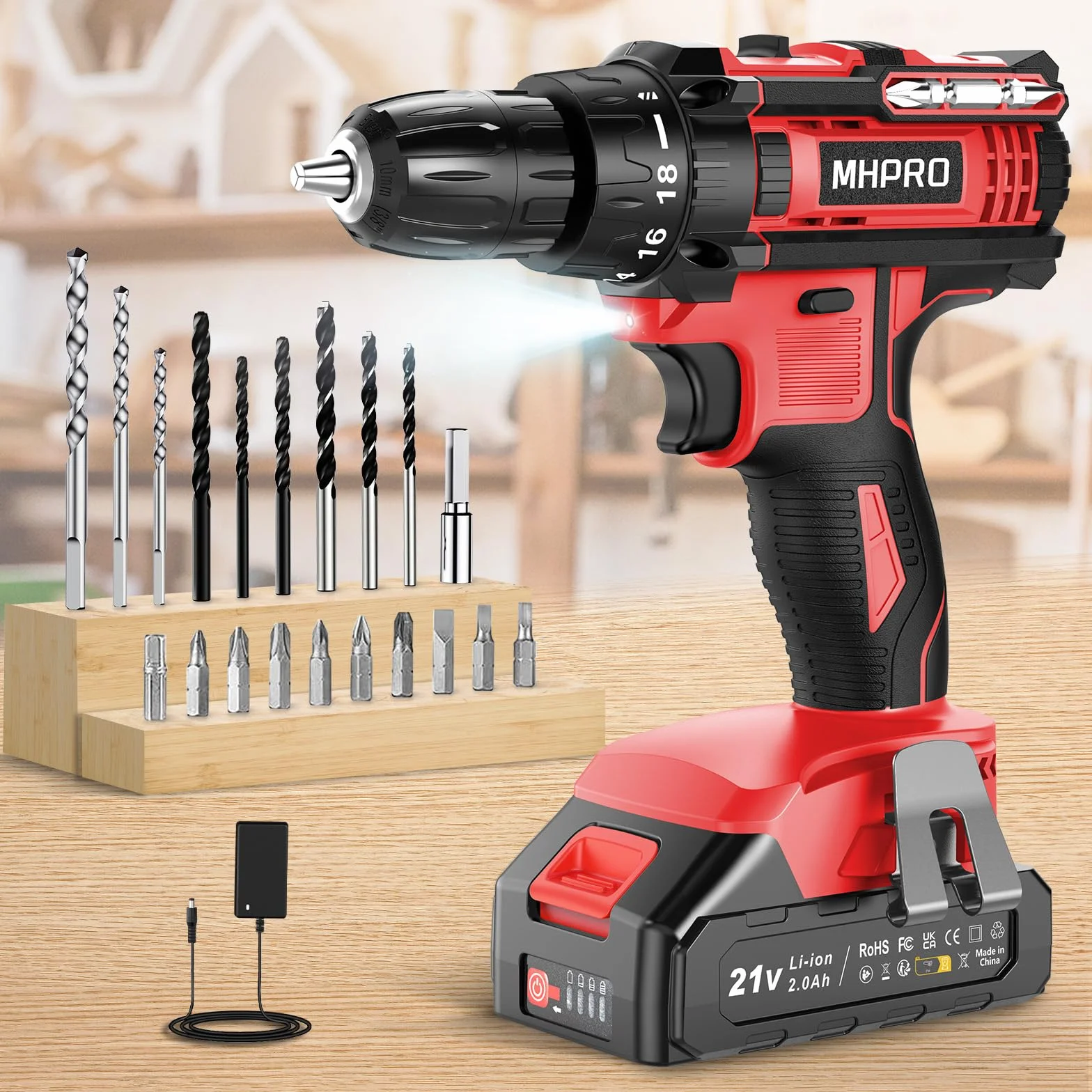 MHPRO Trapano Avvitatore Batteria 21V, Avvitatore a Batteria con Batterie 2.0Ah, 42Nm Avvitatore Elettrico, 18+1 Coppie, 2 Velocità, 22CS Accessori, LED Luce per Casa Progetto