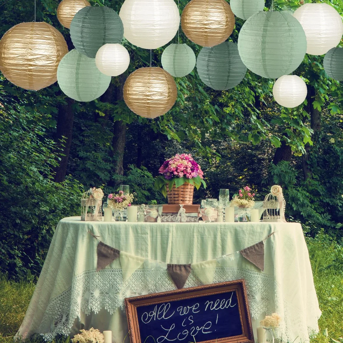 Lanterne di carta decorative, lanterne di carta rotonde da appendere, decorazioni per feste rustiche, addio al nubilato, matrimoni, verde salvia, forniture per feste di compleanno, oro/avorio/verde
