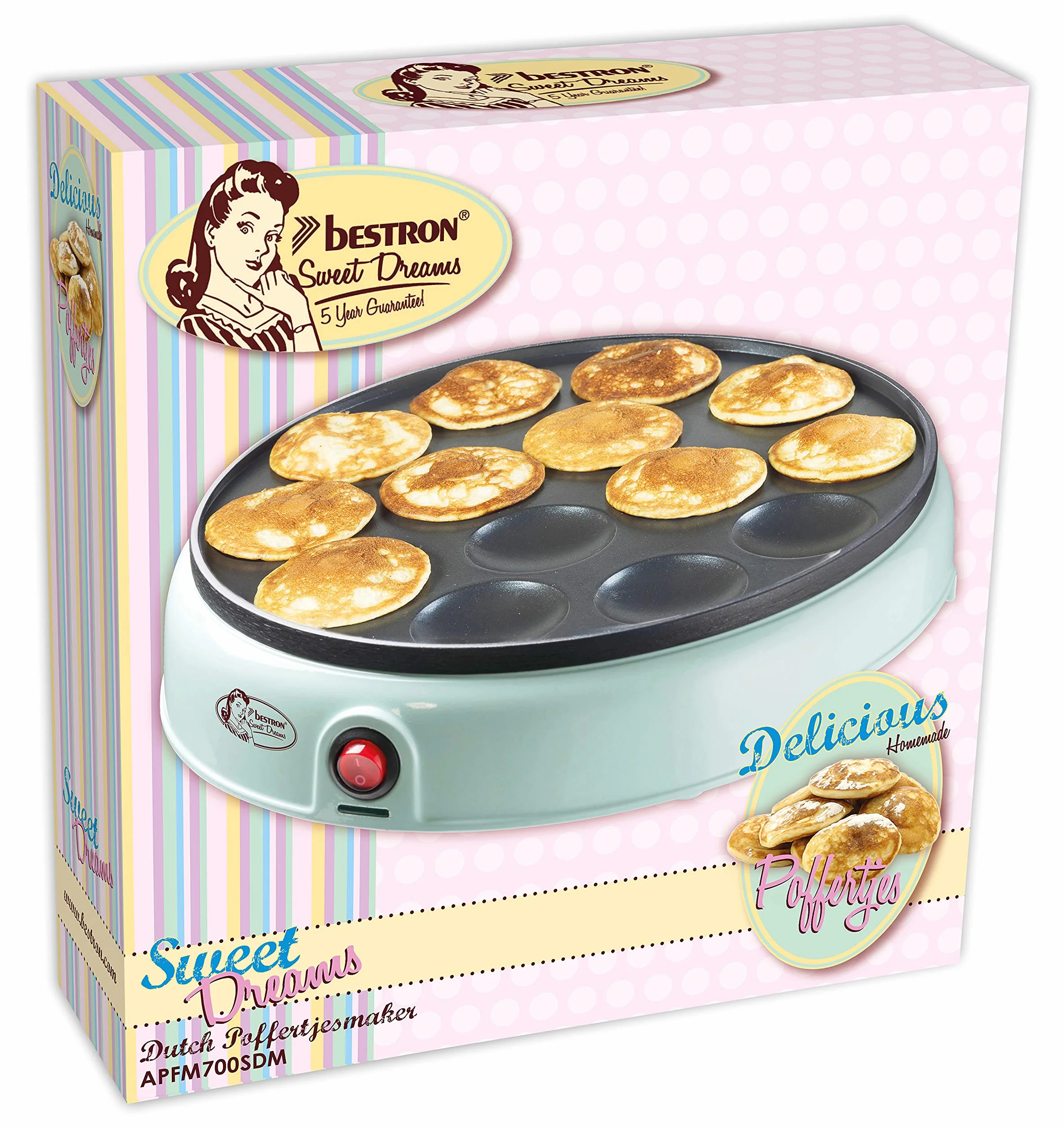 Bestron macchina per poffertjes retrò, mini crepes, specialità olandese, rivestimento antiaderente, spia luminosa, Sweet Dreams, verde