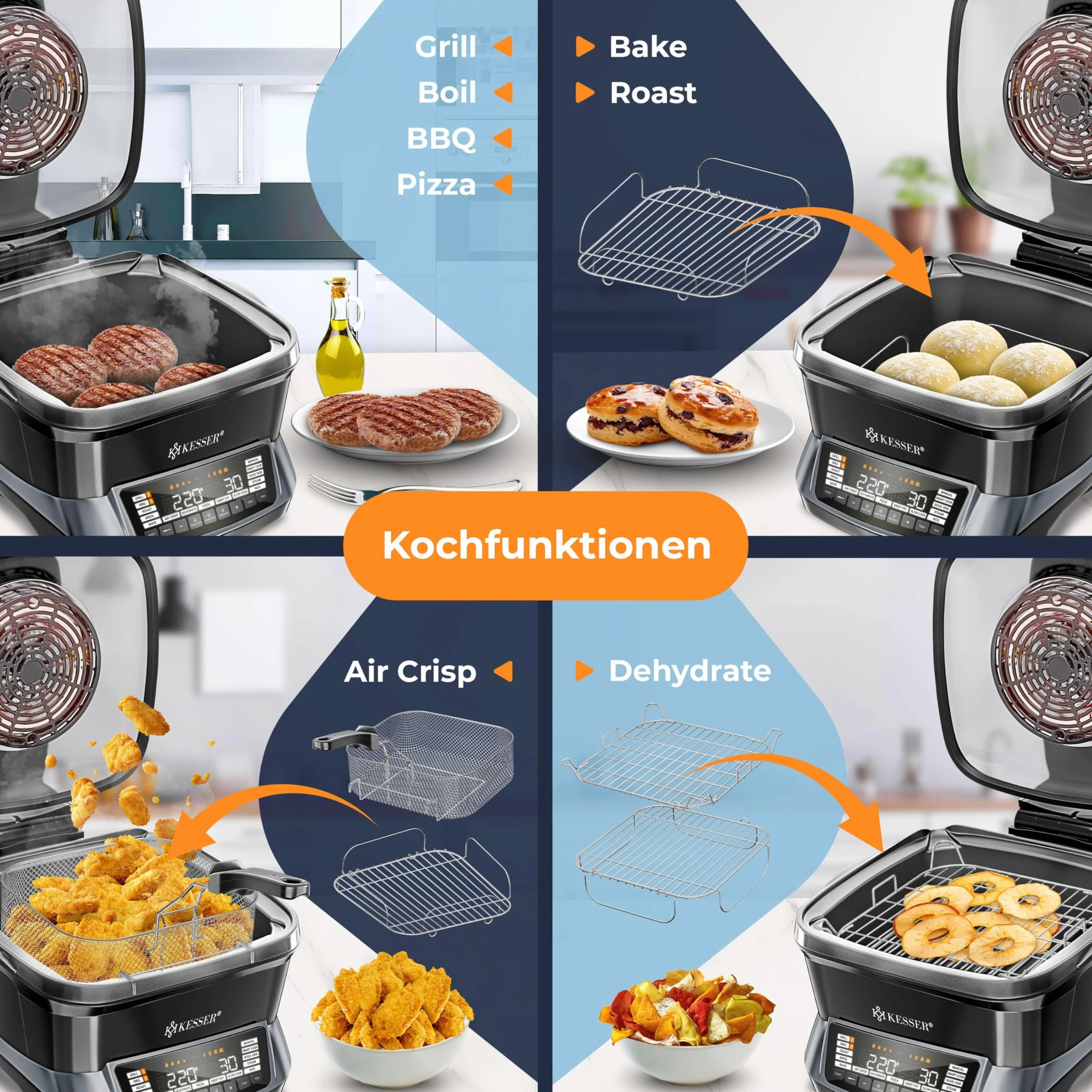 KESSER® Fornello multicooker con friggitrice ad aria calda, 8 l e 16 programmi, utensile da cucina – grigliare, cuocere, stufare, cuocere a vapore, funzione preriscaldamento e mantenimento del calore