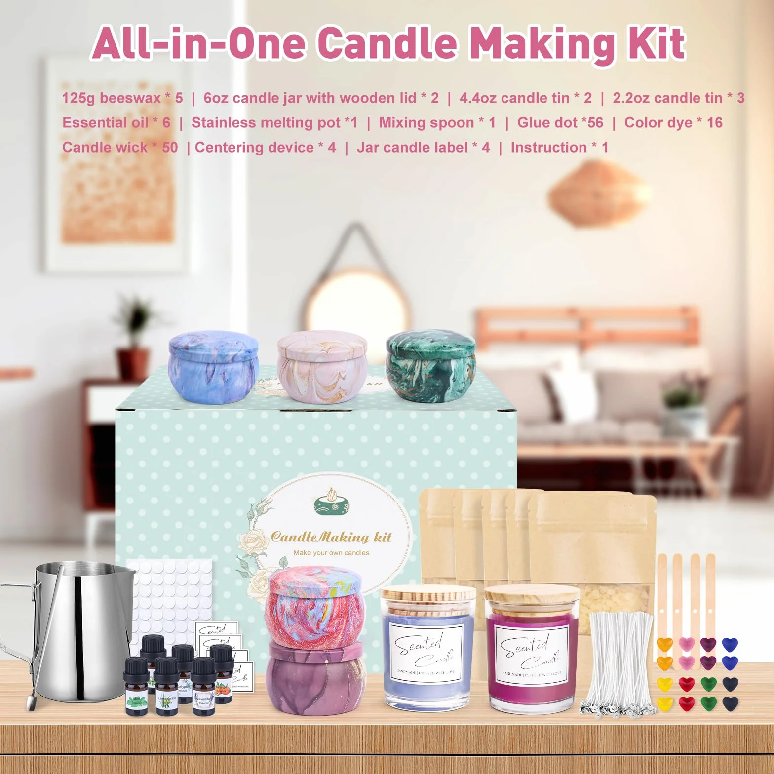 LDUMODUW Set di candele fai da te, candele fai da te per adulti, principianti, candele profumate fai da te con cera d'api 625 g, 16 coloranti, bicchieri da 6 oz