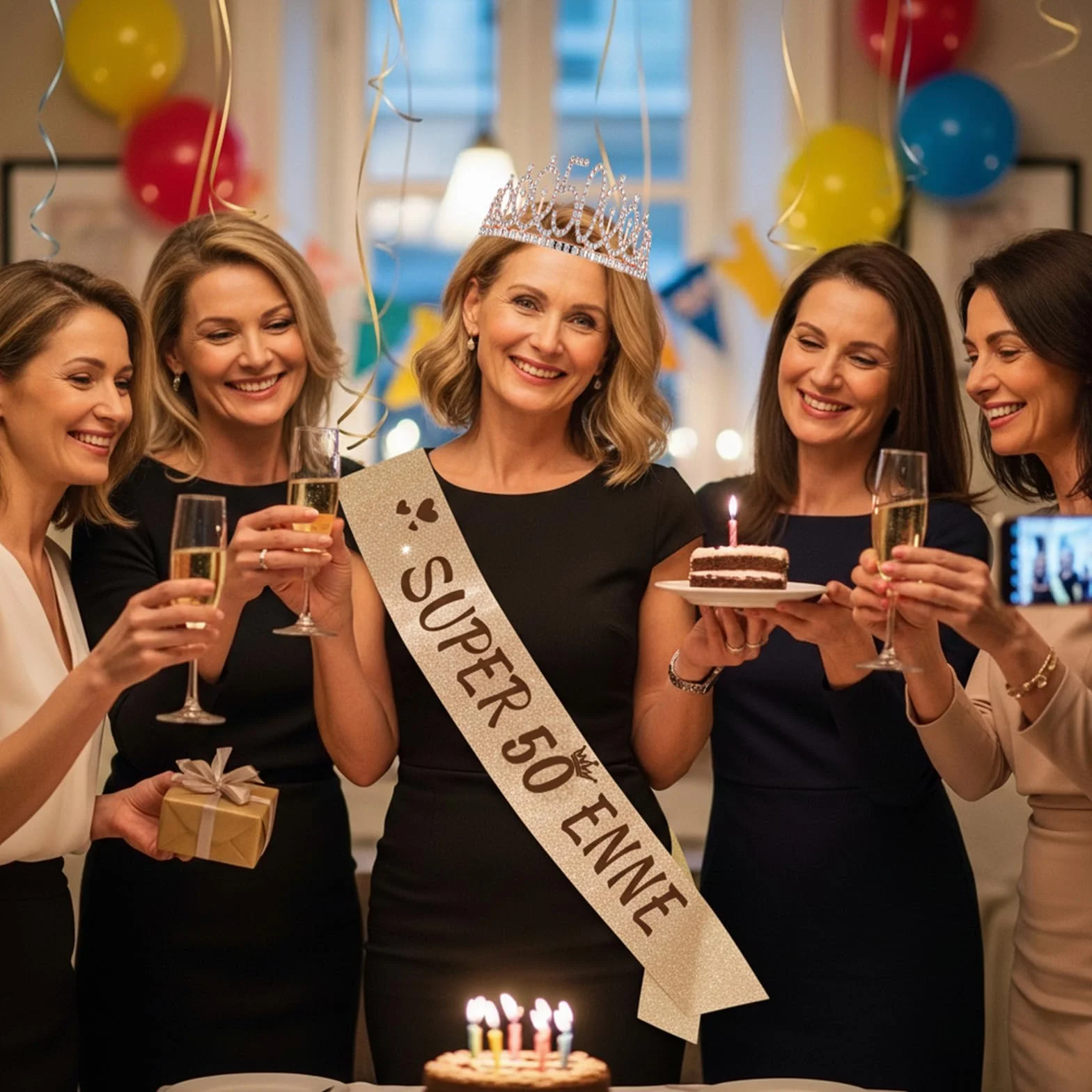NEONSKY Fascia Compleanno Donna con Corona e Spilla Mini Corona, Set Regalo Elegante per 18 21 30 40 50 60 70 80 Anni, Include Fascia Personalizzata, Corona, Biglietto con Busta Kraft (50 anni)