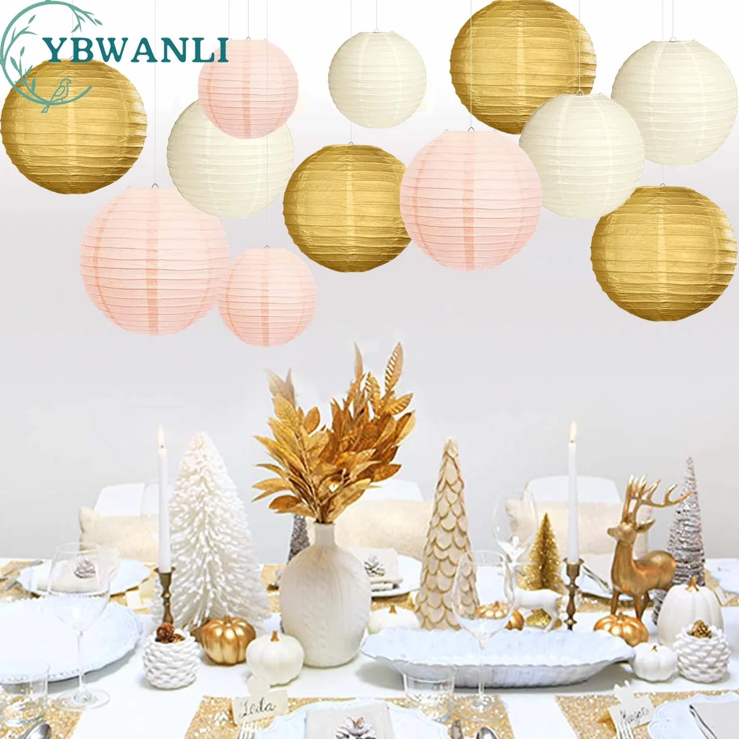 Lanterne di carta cinesi mongolfiera oro bianco avorio rosa set 12 pezzi decorazioni da appendere giardino festa compleanno